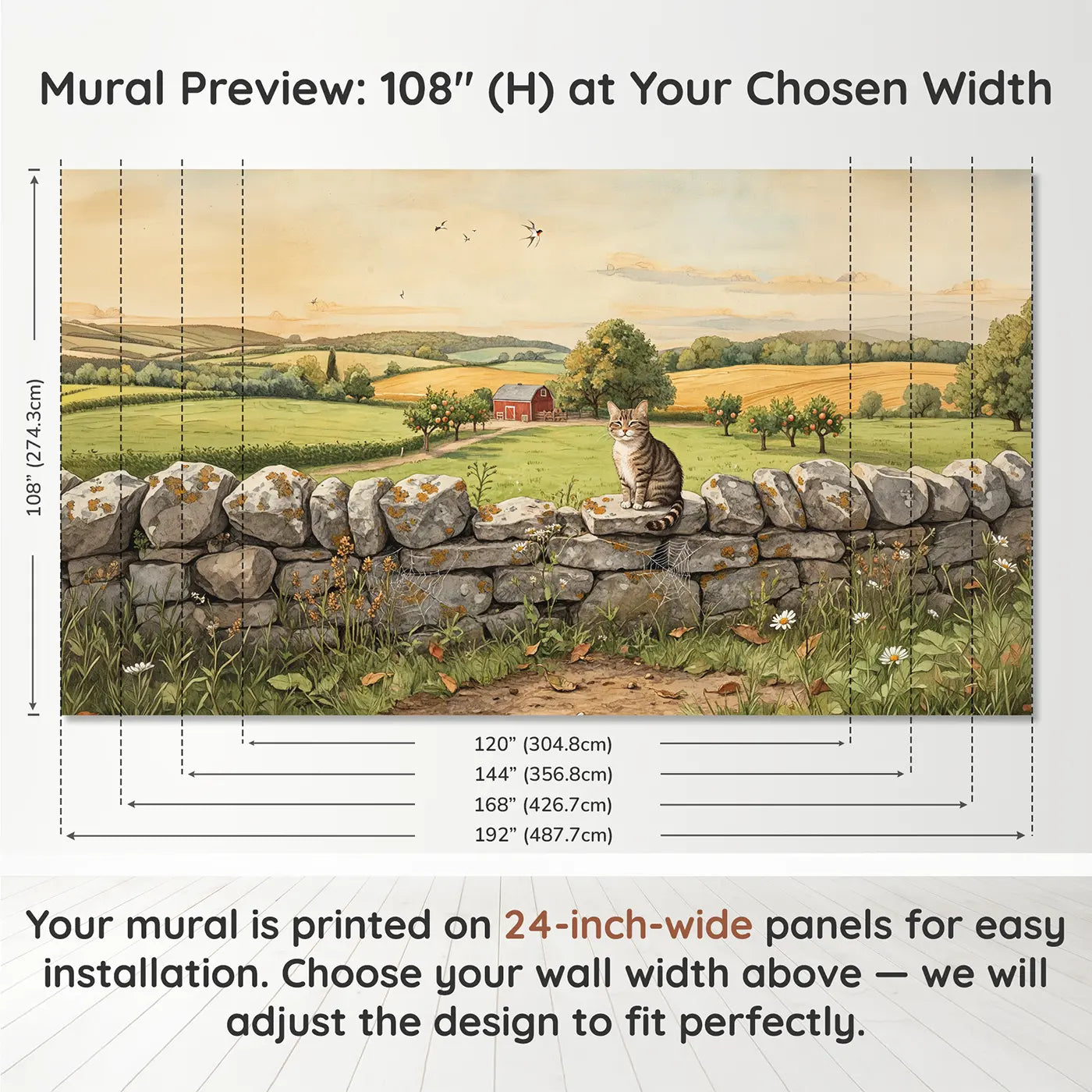 Panel layout and dimensions for Farm Cat Stone Wall Wallpaper Mural by Whimsy Tots