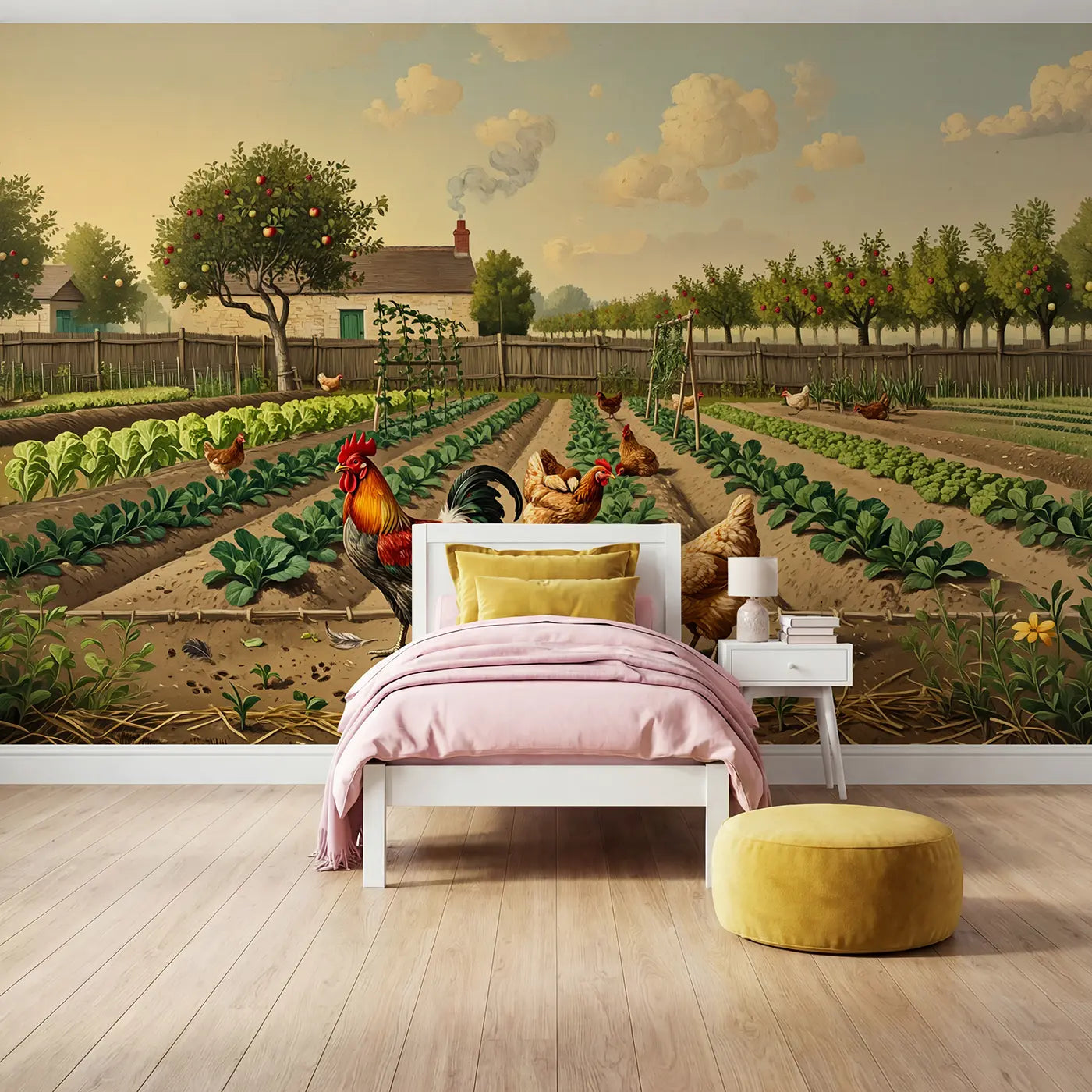 Painted landscape kitchen garden chickens wallpaper mural for girls room by Whimsy Tots