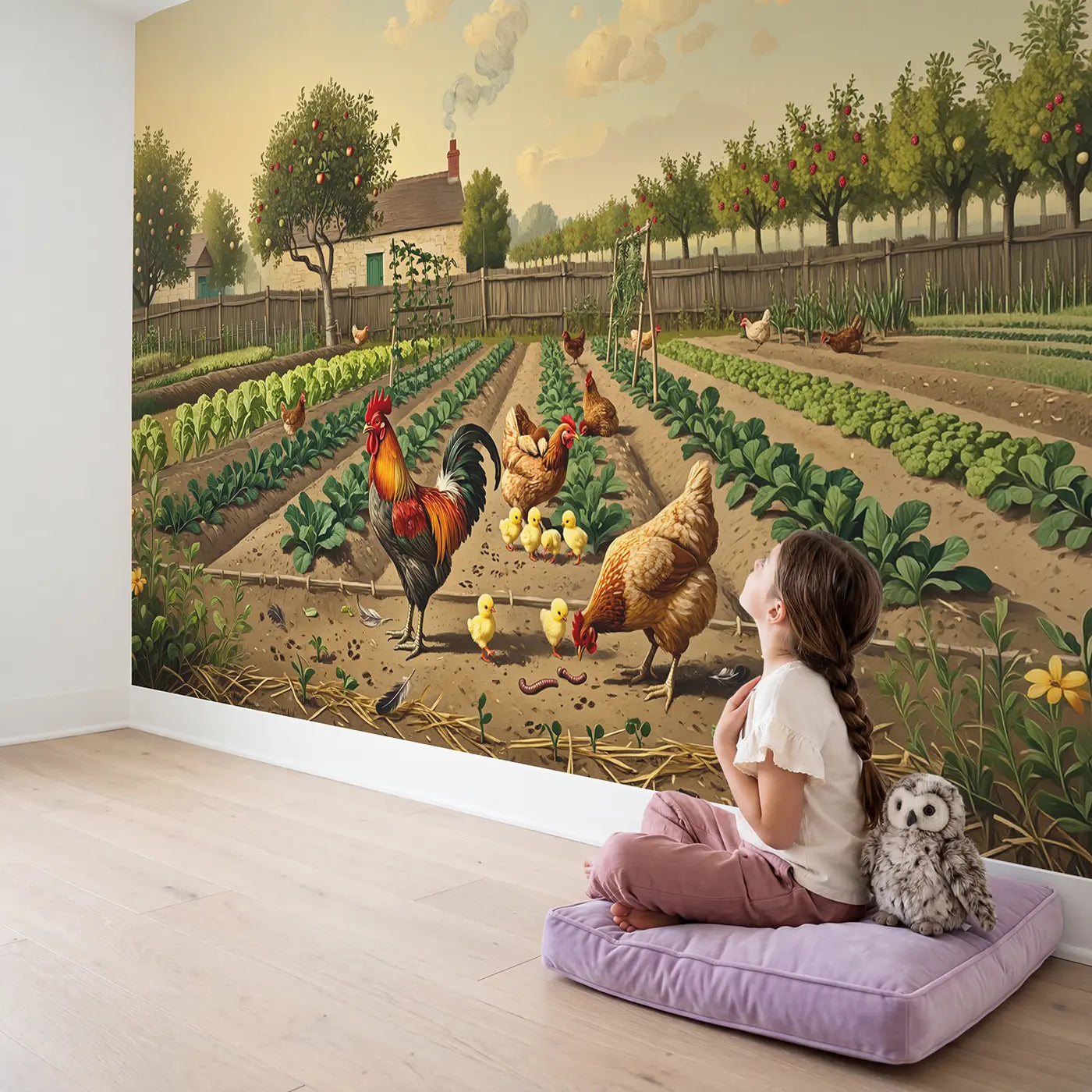 Child in nursery with Kitchen Garden Chickens Wallpaper Mural by Whimsy Tots