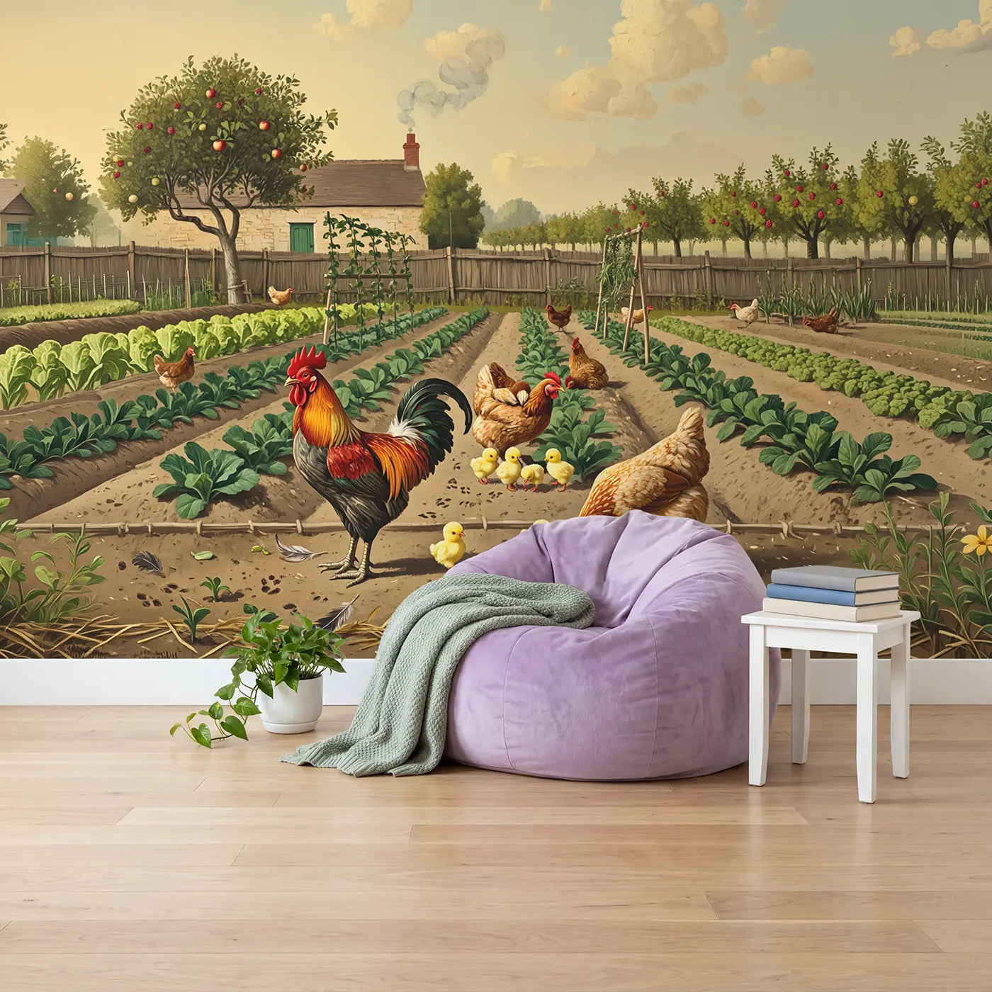 Kitchen Garden Chickens Wallpaper Mural in playroom setting by Whimsy Tots