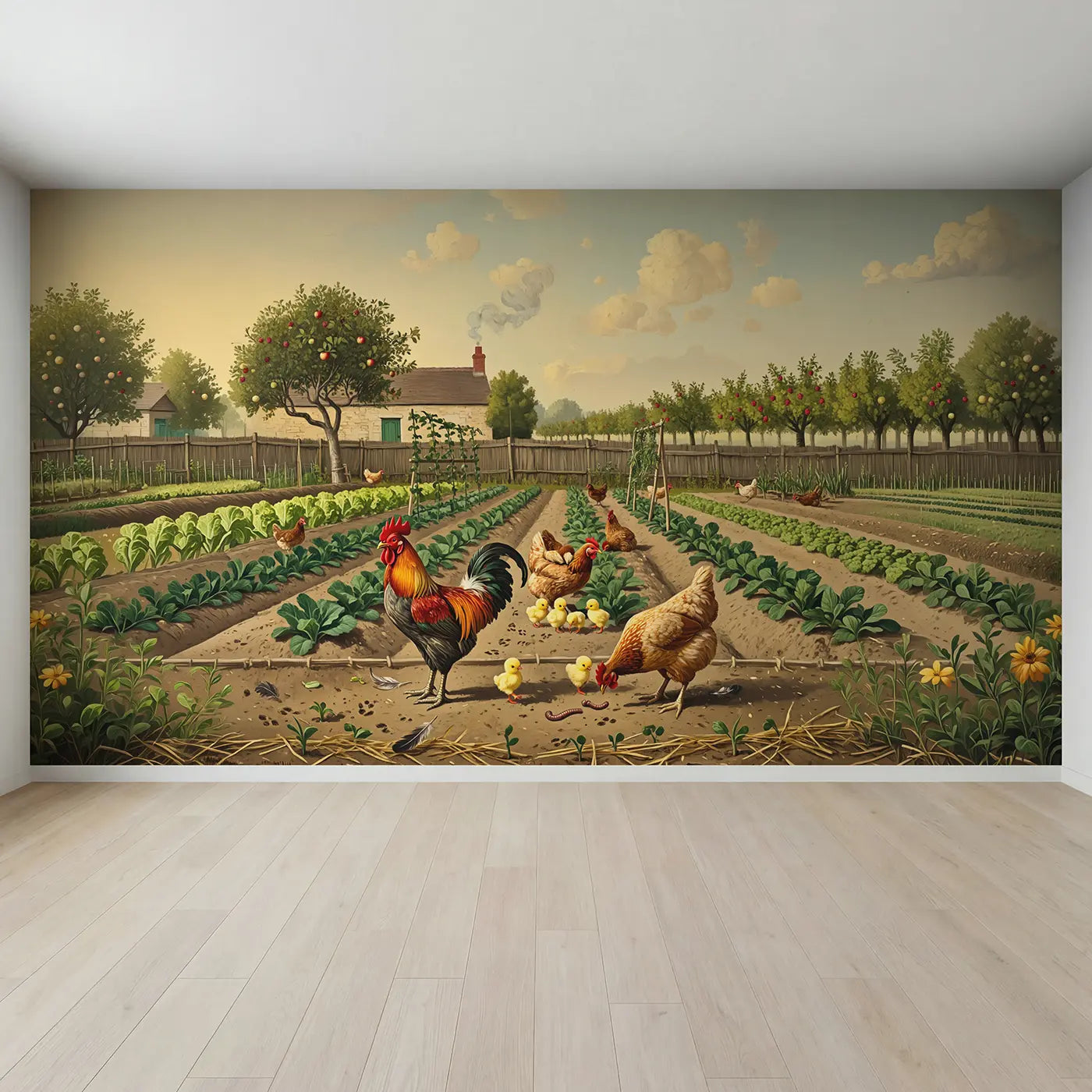 Full view of Kitchen Garden Chickens Wallpaper Mural by Whimsy Tots
