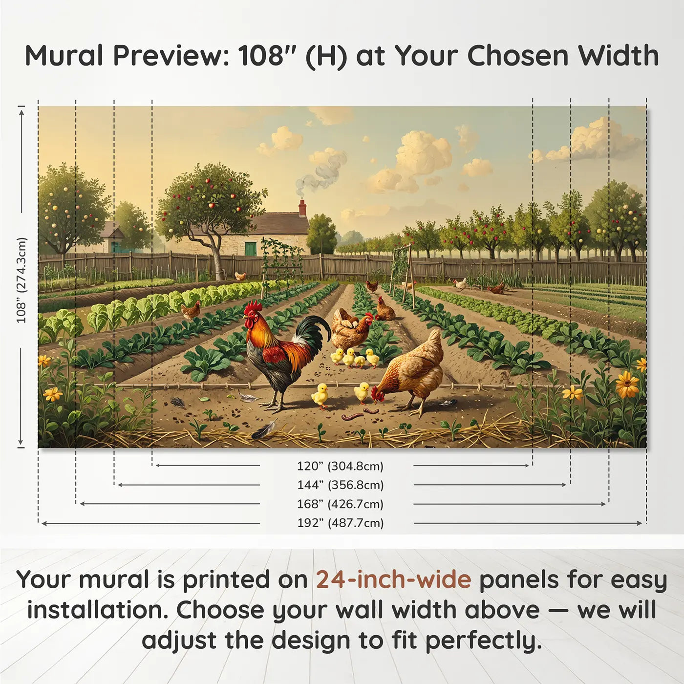 Panel layout and dimensions for Kitchen Garden Chickens Wallpaper Mural by Whimsy Tots