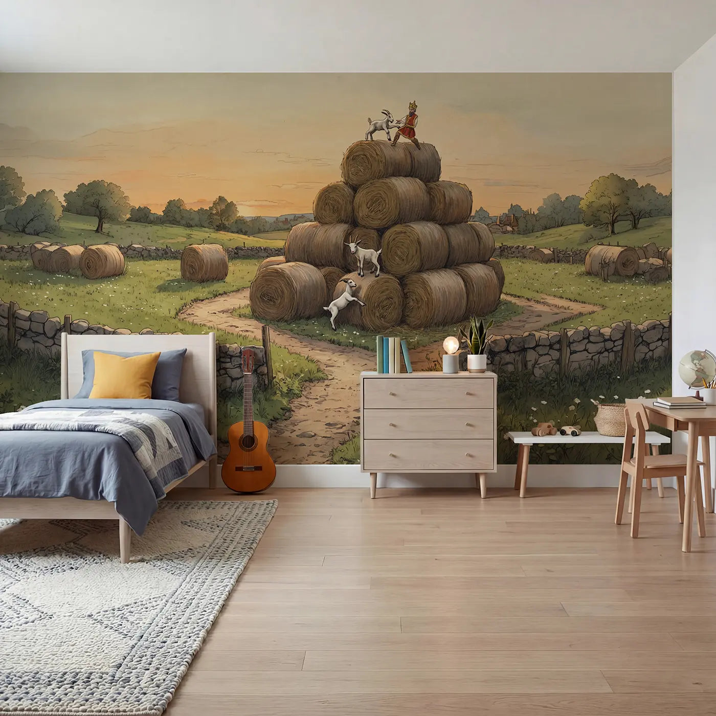 storybook goat kids playing farm wallpaper mural for boys room by Whimsy Tots