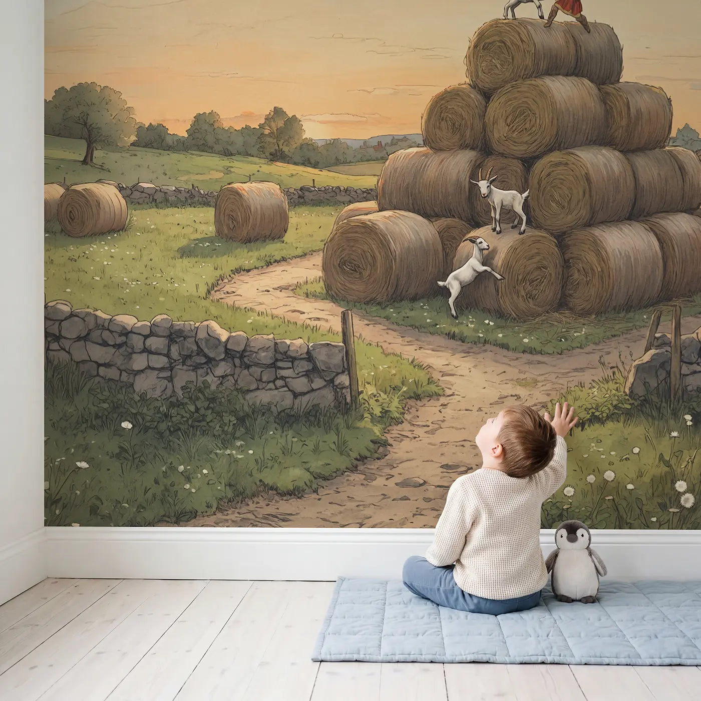 Child in nursery with Goat Kids Playing King Wallpaper Mural by Whimsy Tots