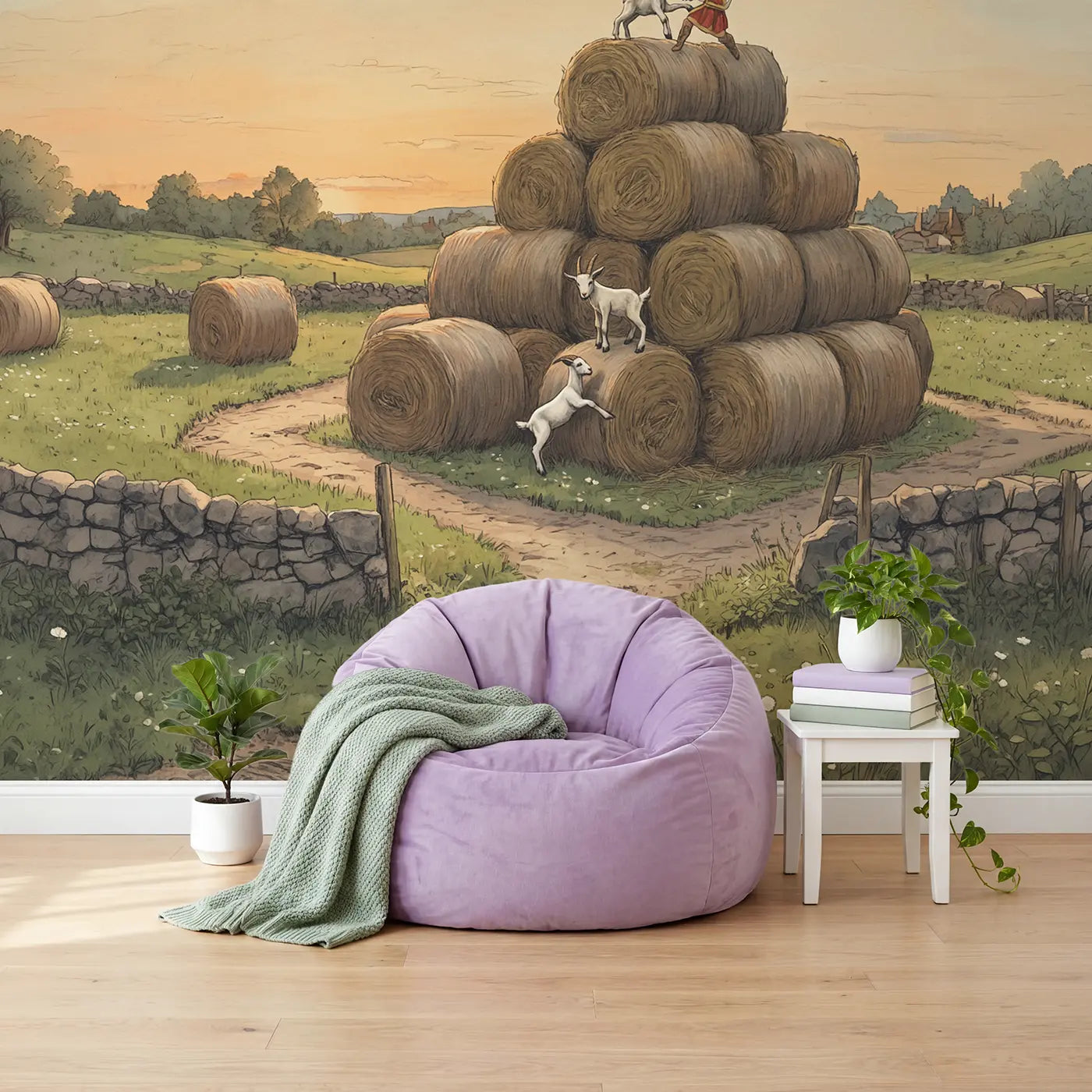 Goat Kids Playing King Wallpaper Mural in playroom setting by Whimsy Tots
