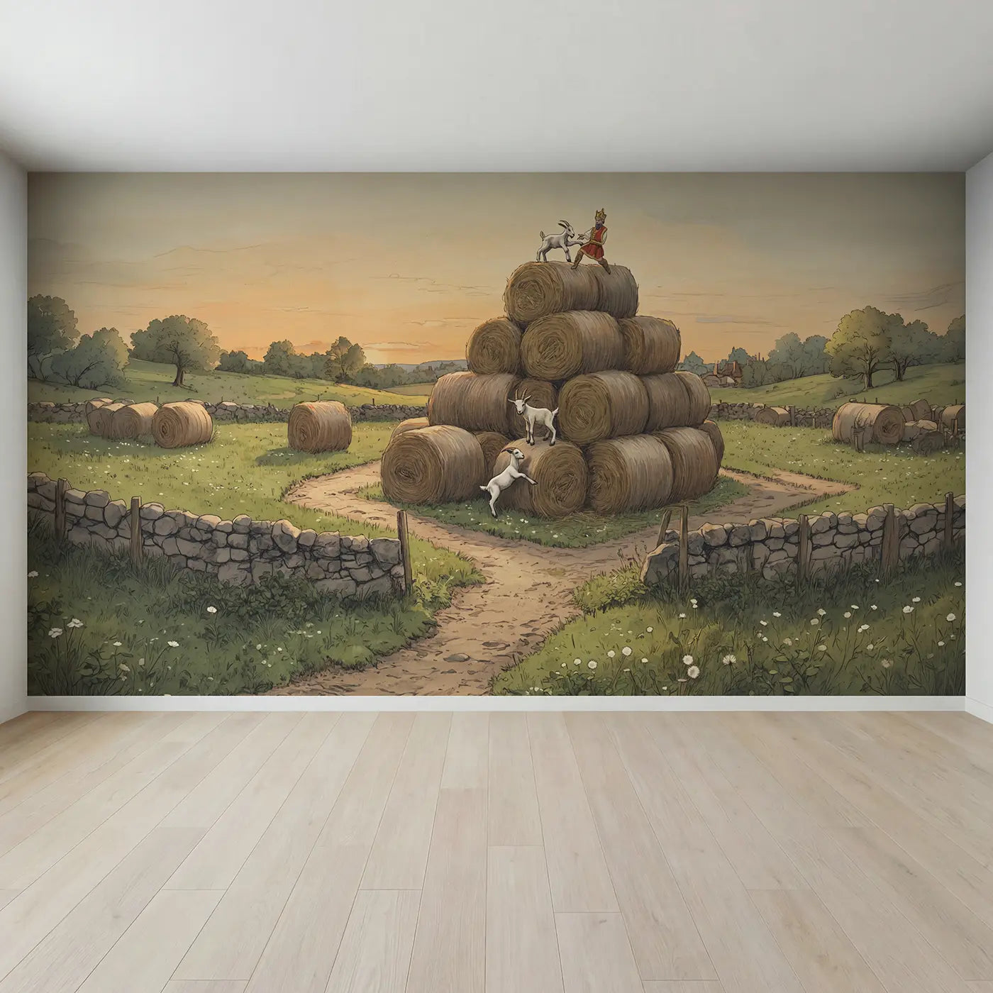 Full view of Goat Kids Playing King Wallpaper Mural by Whimsy Tots