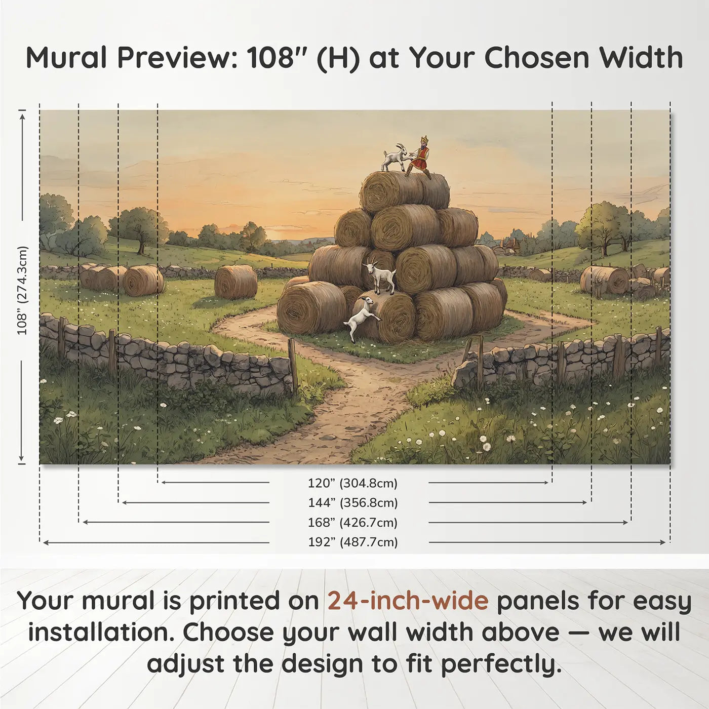 Panel layout and dimensions for Goat Kids Playing King Wallpaper Mural by Whimsy Tots