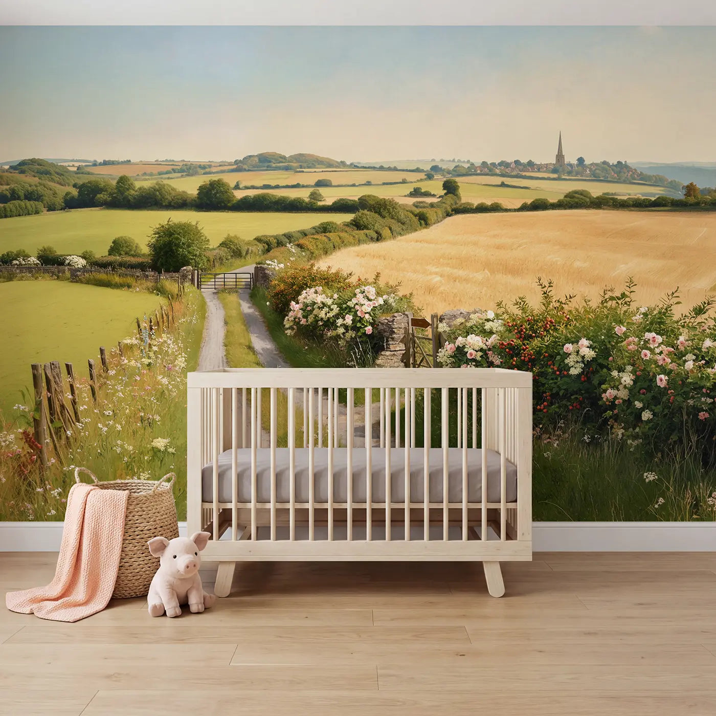 Soft Pastel country lane hedgerow summer wallpaper mural for nursery by Whimsy Tots