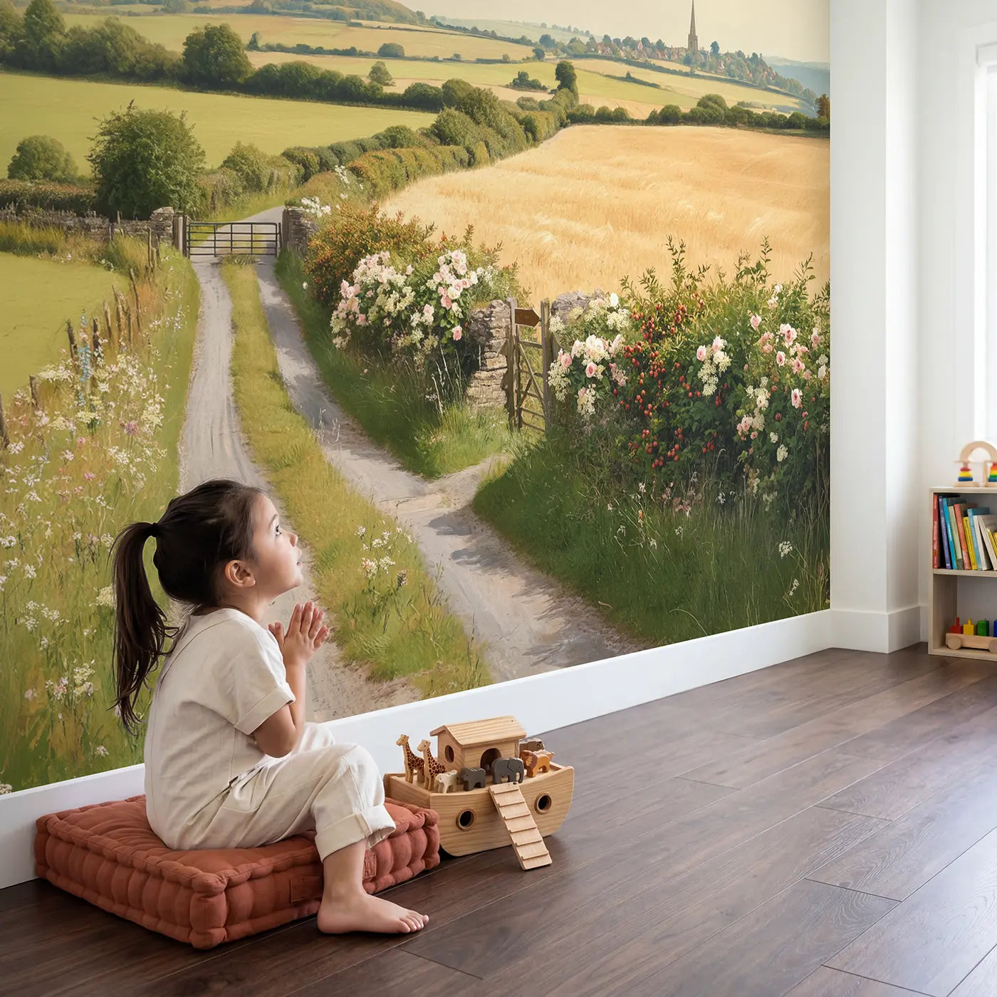 Child in nursery with Country Lane Hedgerow Summer Wallpaper Mural by Whimsy Tots