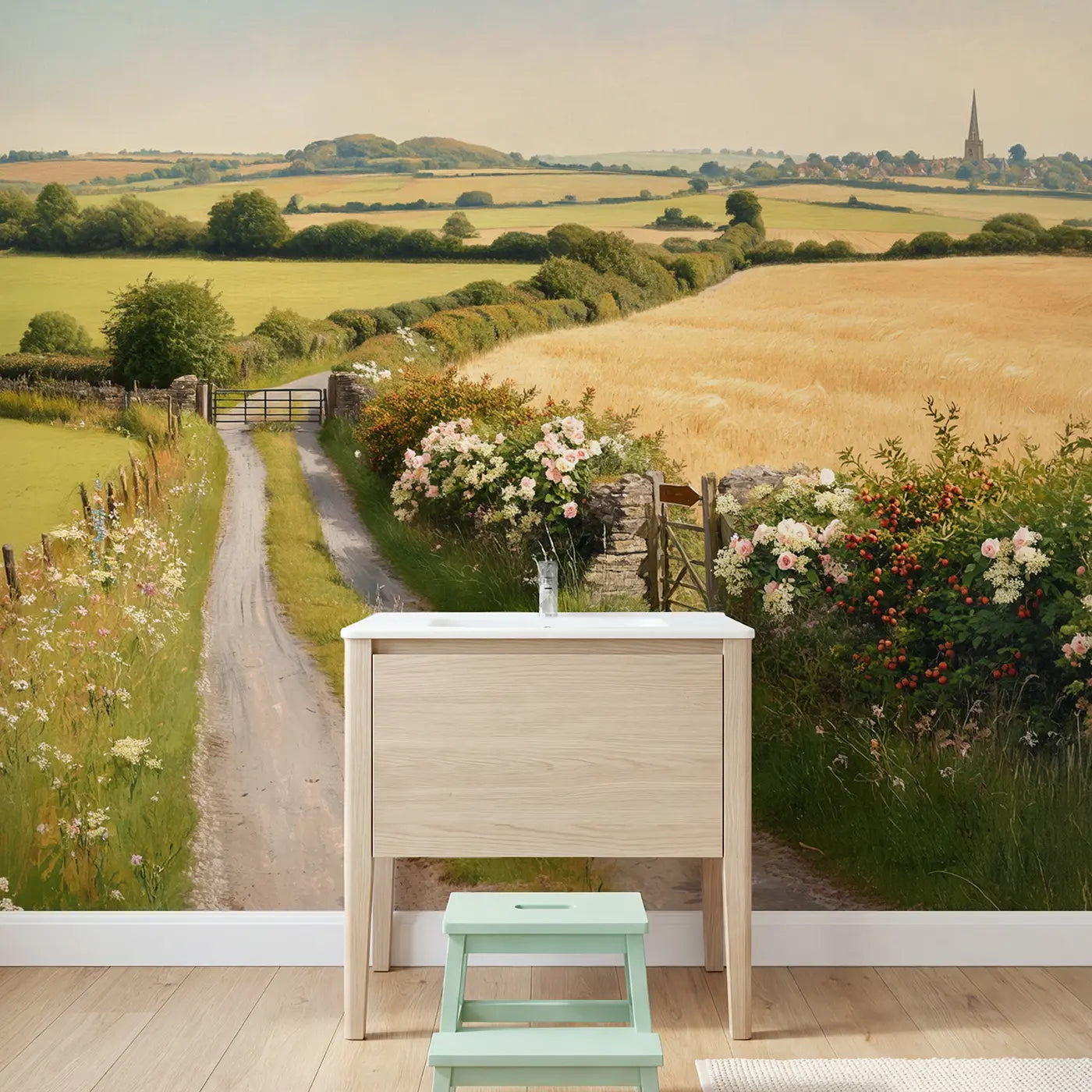 Country Lane Hedgerow Summer Wallpaper Mural in playroom setting by Whimsy Tots