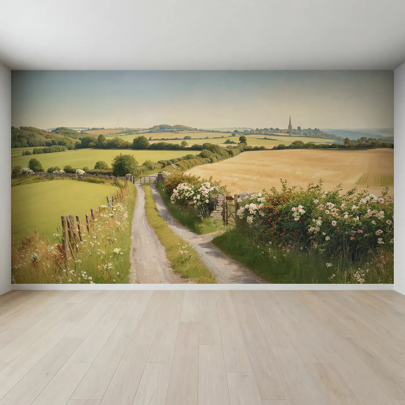 Full view of Country Lane Hedgerow Summer Wallpaper Mural by Whimsy Tots