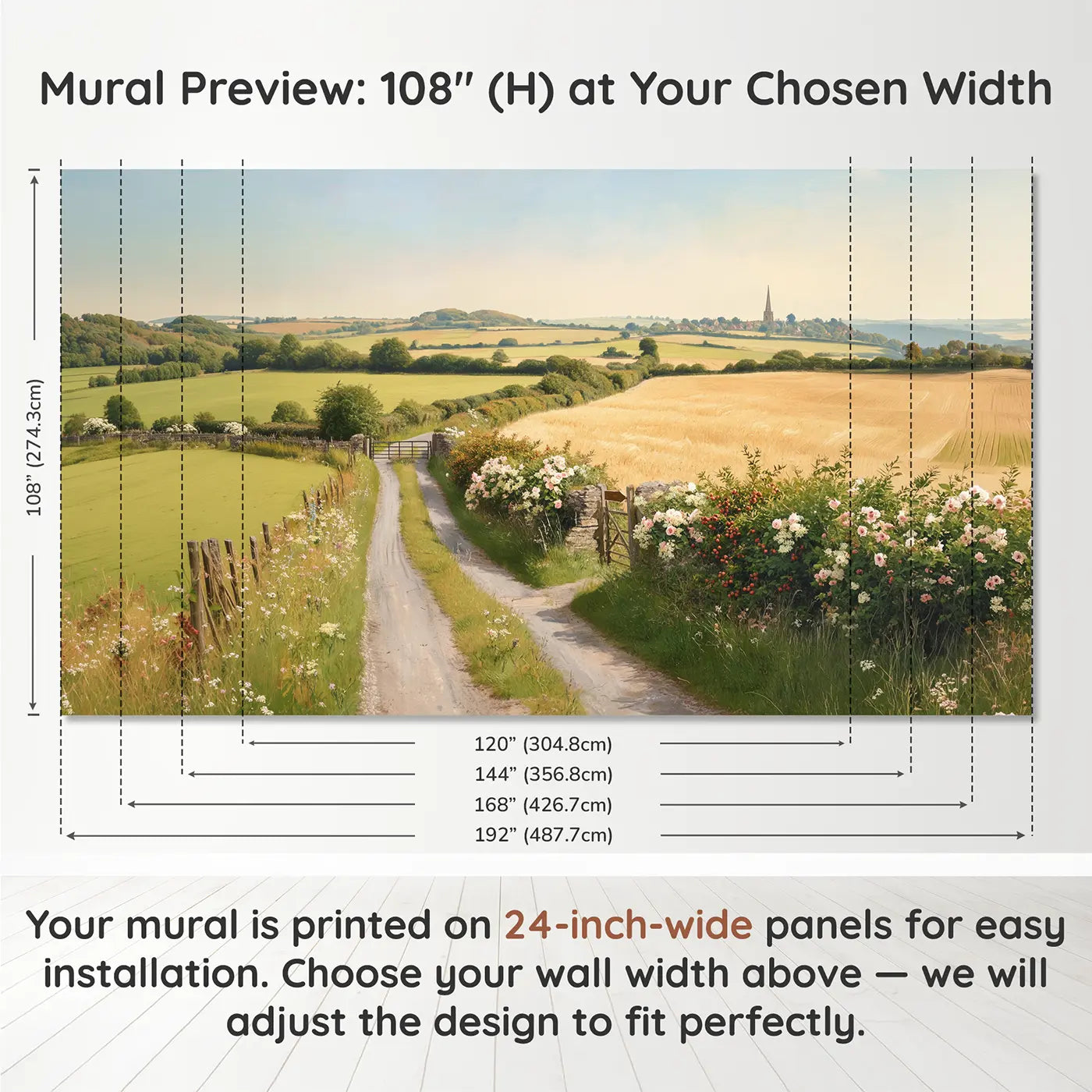 Panel layout and dimensions for Country Lane Hedgerow Summer Wallpaper Mural by Whimsy Tots