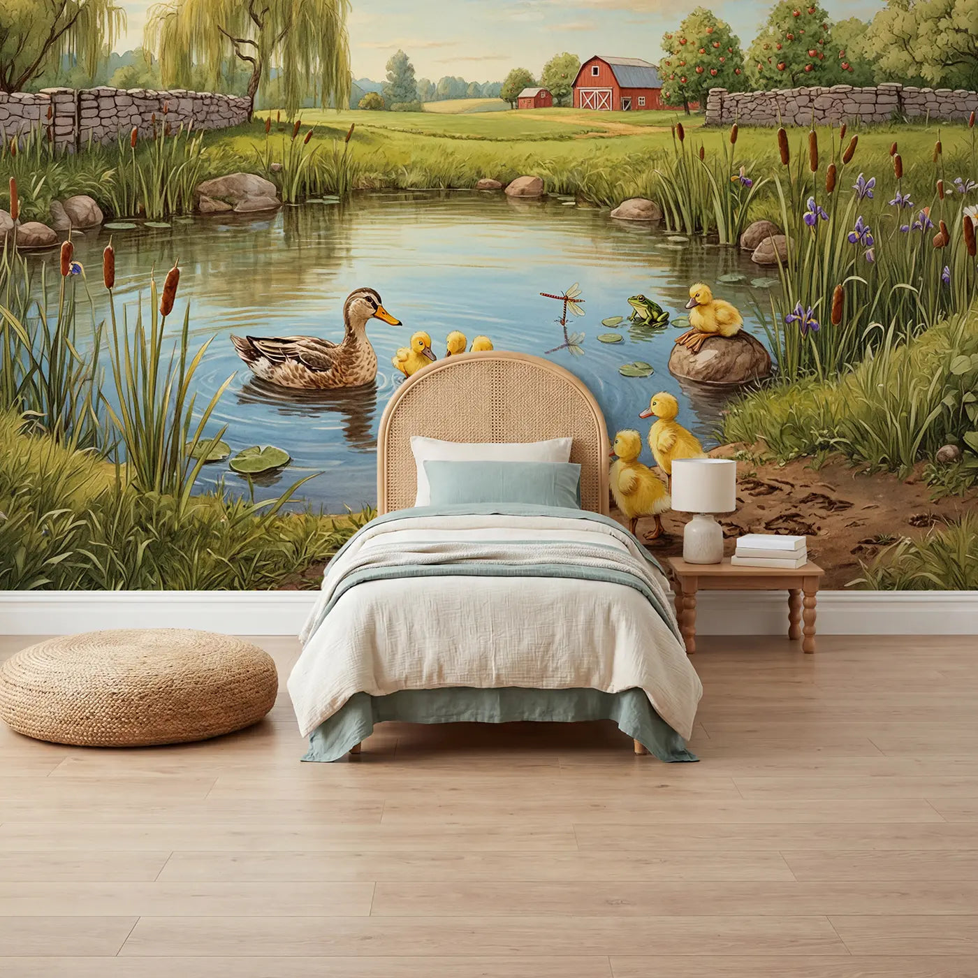 storybook illustration duckling swimming lesson farm pond mural for kids room by Whimsy Tots