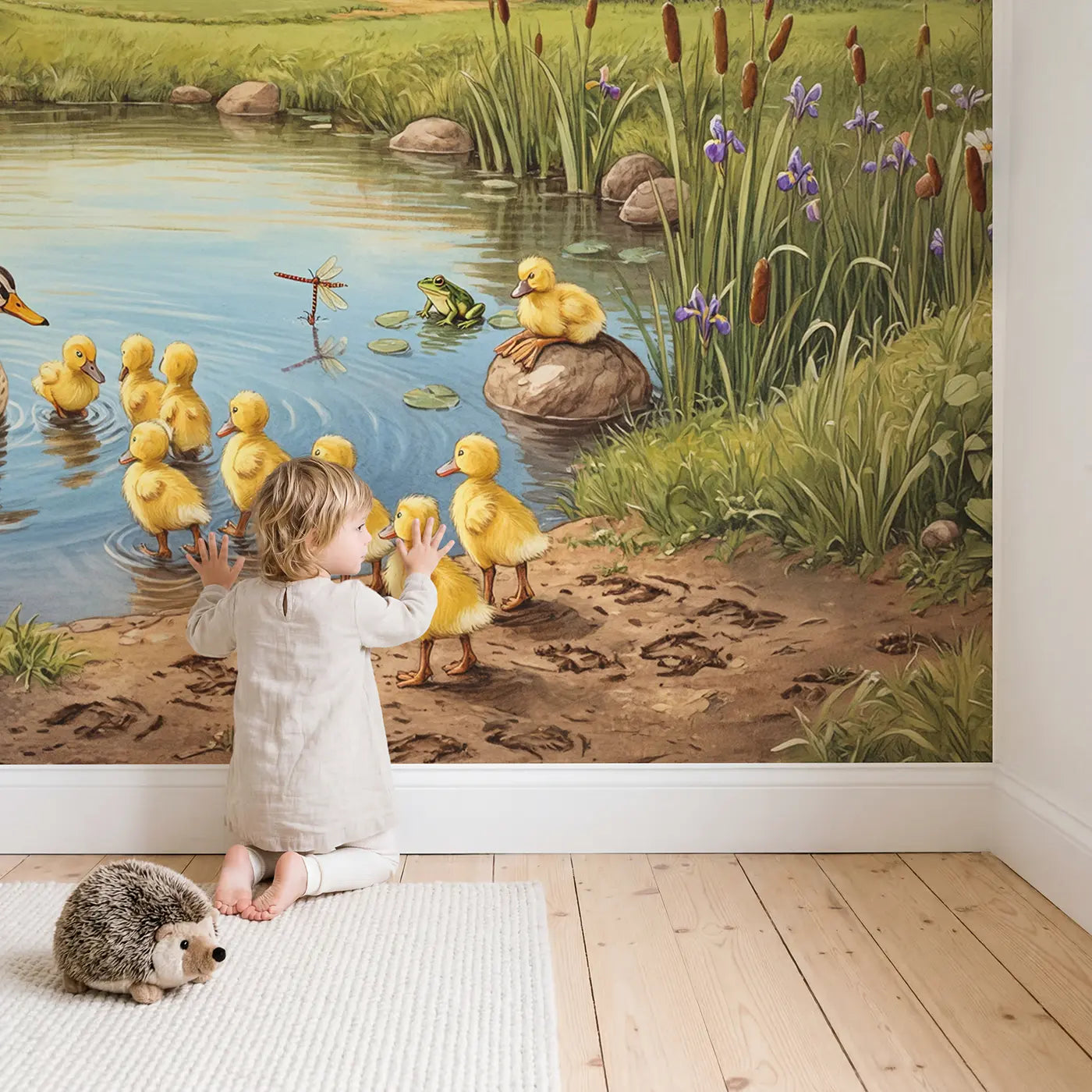Child in nursery with Duckling Swimming Lesson Farm Pond Wallpaper Mural by Whimsy Tots