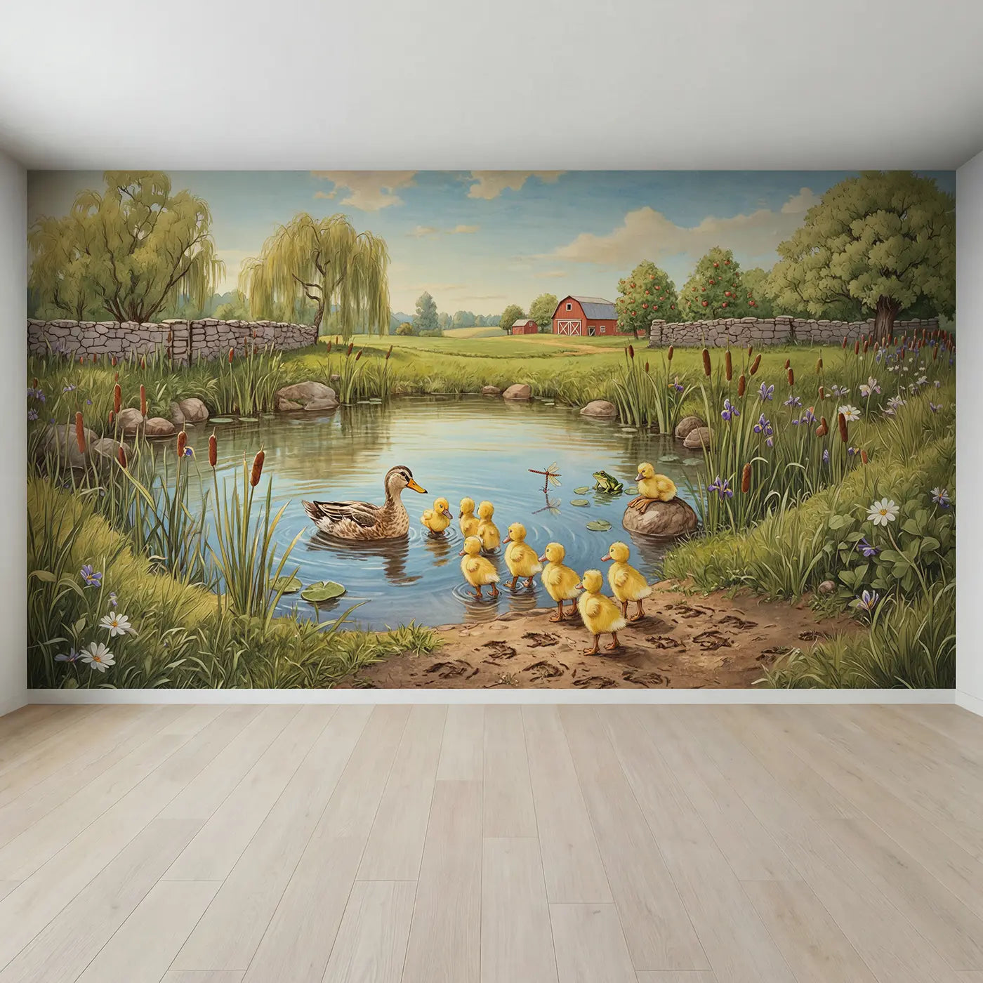 Full view of Duckling Swimming Lesson Farm Pond Wallpaper Mural by Whimsy Tots