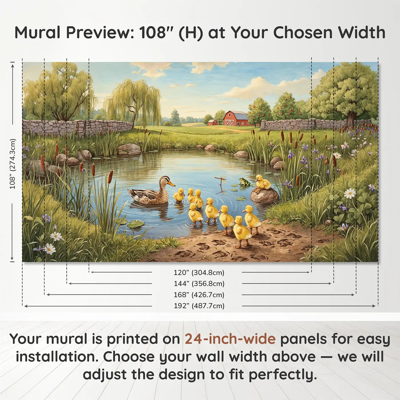 Panel layout and dimensions for Duckling Swimming Lesson Farm Pond Wallpaper Mural by Whimsy Tots