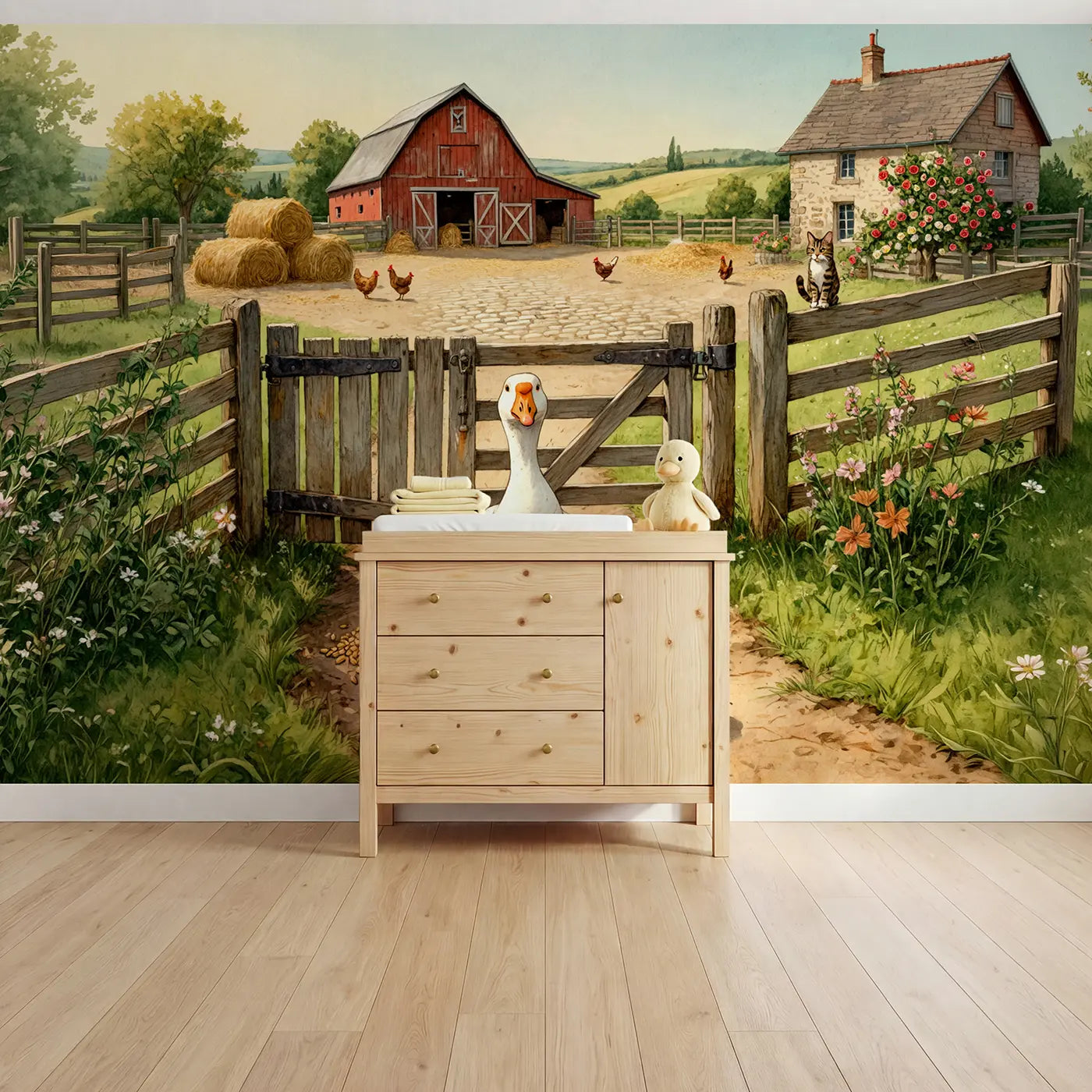 Storybook goose standing at farm gate wallpaper mural for kids room by Whimsy Tots