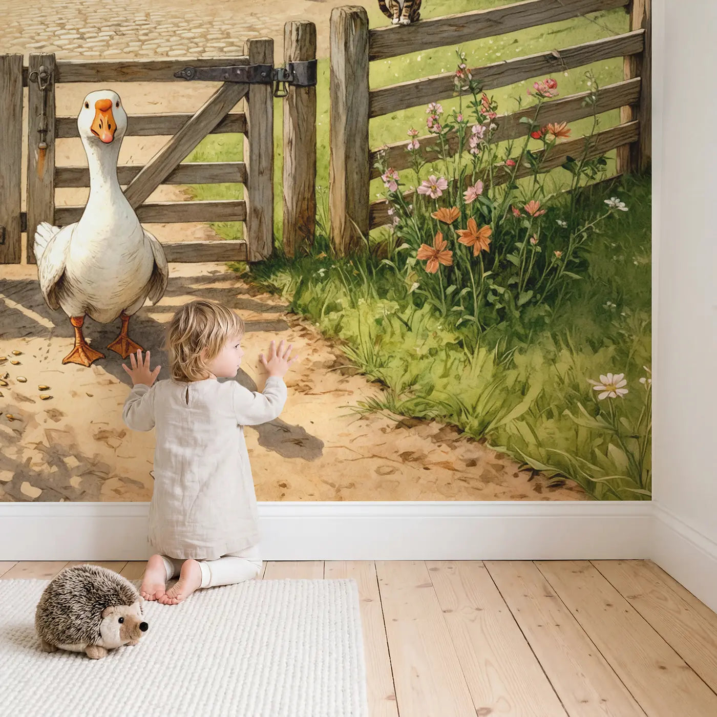 Child in nursery with Watchful Goose Farm Gate Wallpaper Mural by Whimsy Tots