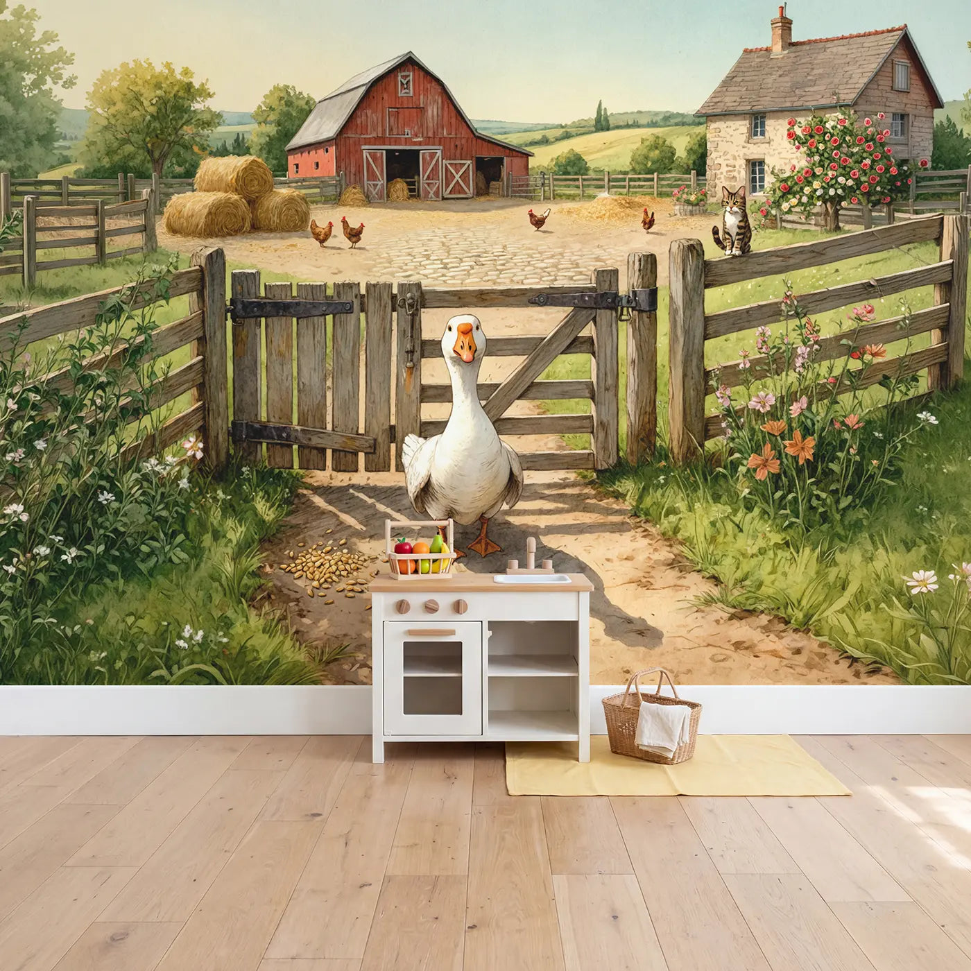 Watchful Goose Farm Gate Wallpaper Mural in playroom setting by Whimsy Tots