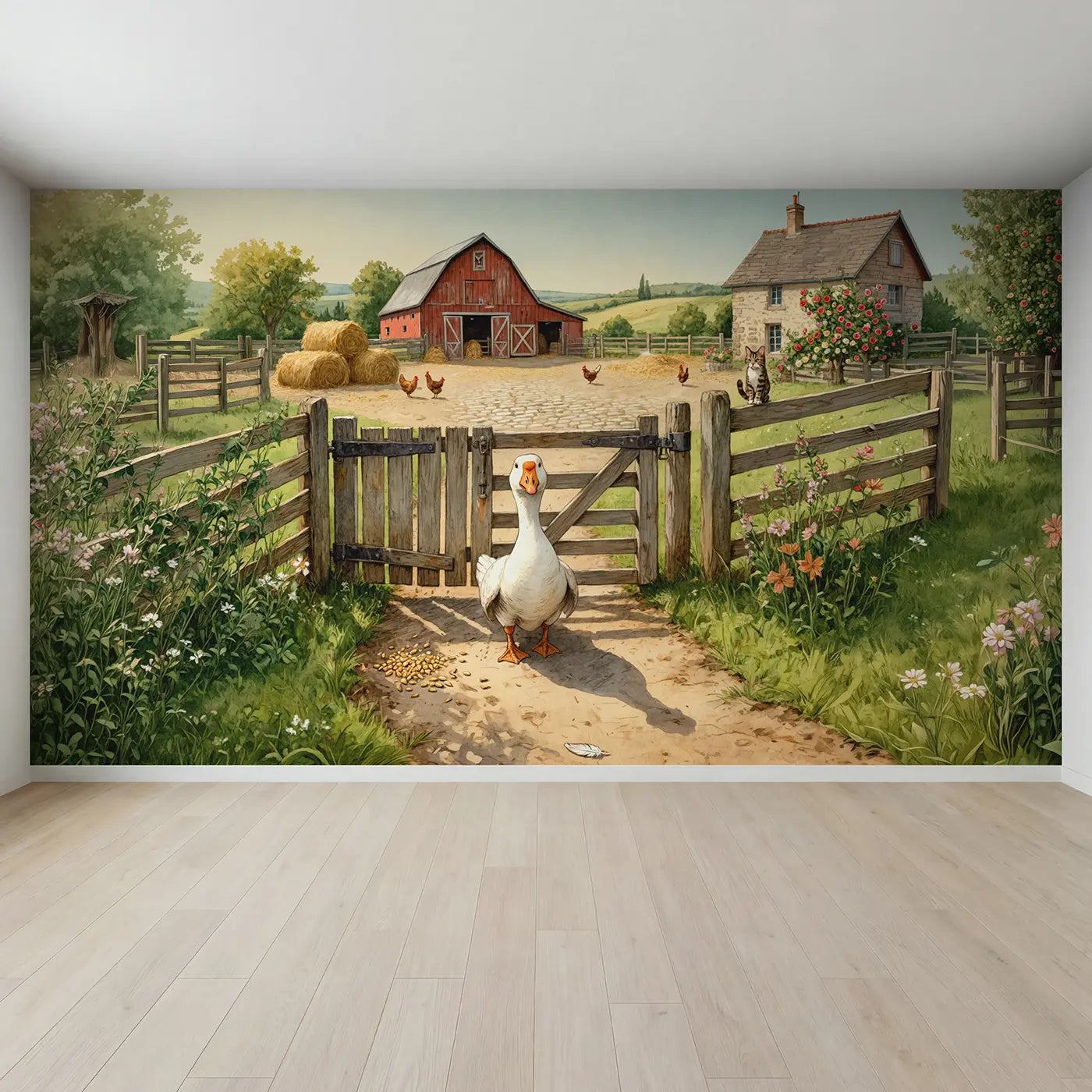 Full view of Watchful Goose Farm Gate Wallpaper Mural by Whimsy Tots