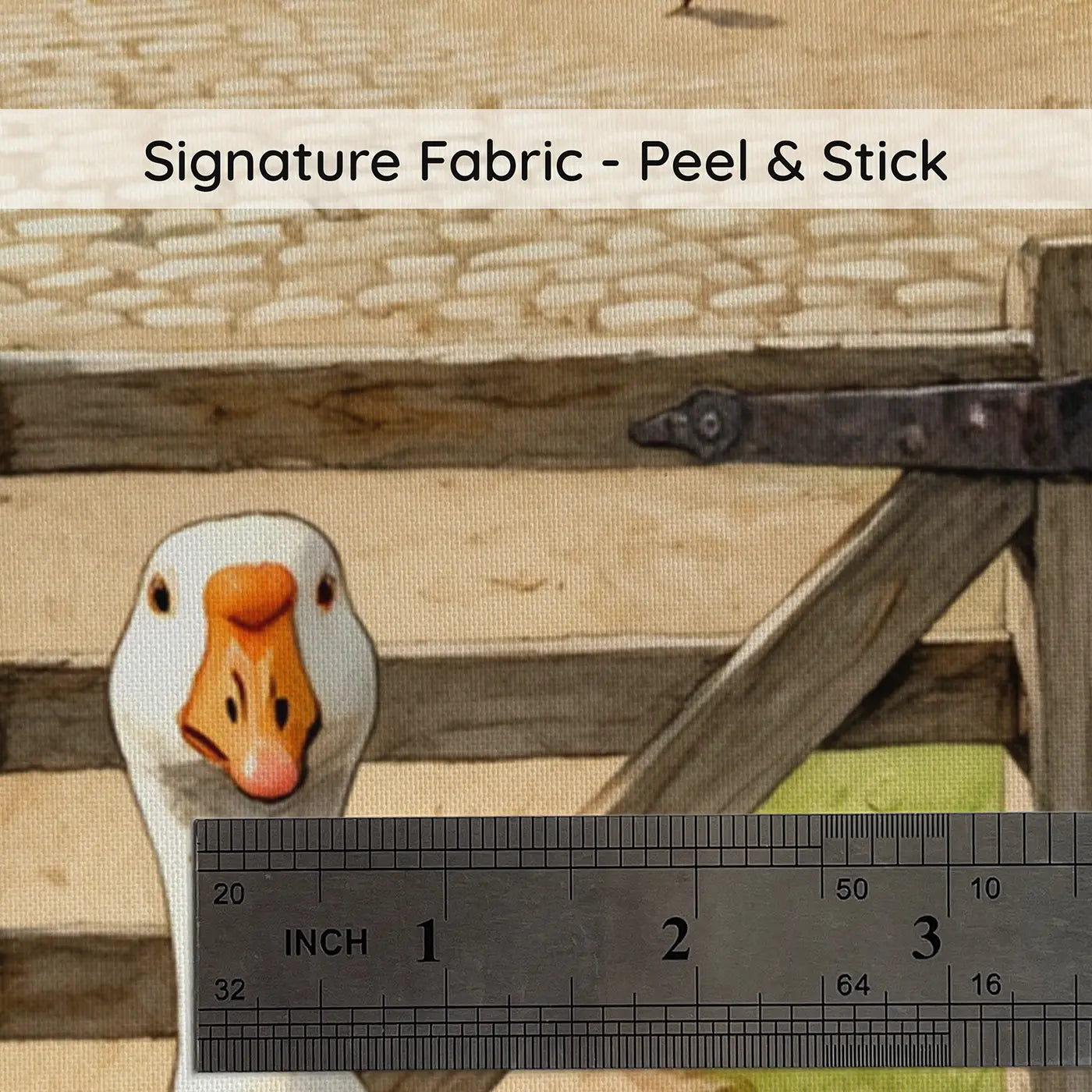 Fabric texture close-up of Watchful Goose Farm Gate Wallpaper Mural by Whimsy Tots