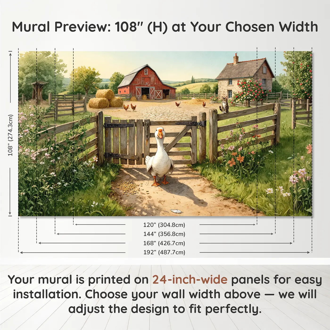Panel layout and dimensions for Watchful Goose Farm Gate Wallpaper Mural by Whimsy Tots