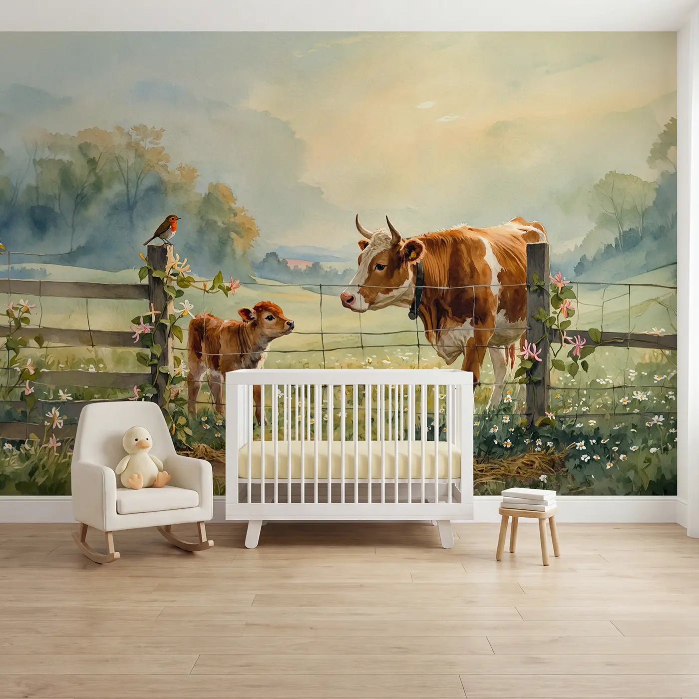 watercolor cow calf robin fence wallpaper mural for nursery by Whimsy Tots