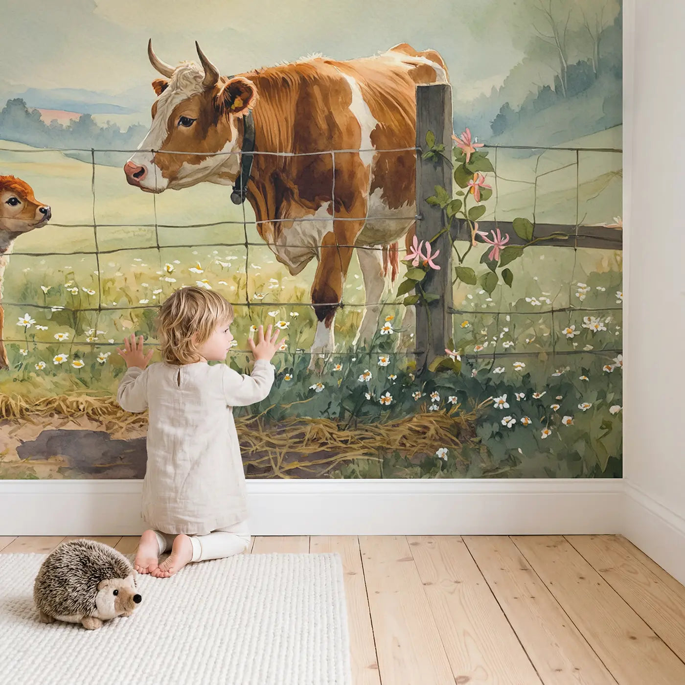 Child in nursery with Cow Calf Robin Fence Wallpaper Mural by Whimsy Tots