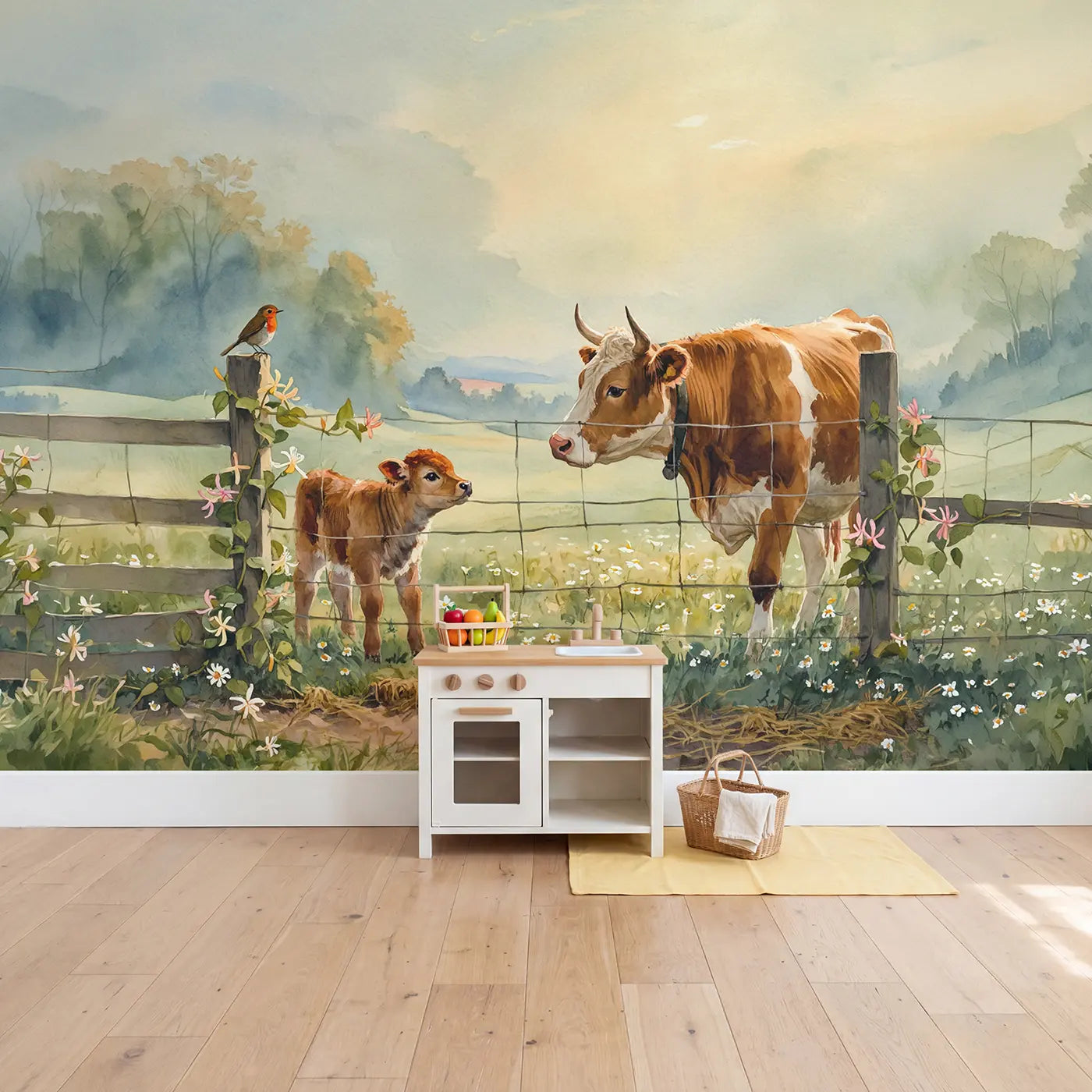 Cow Calf Robin Fence Wallpaper Mural in playroom setting by Whimsy Tots