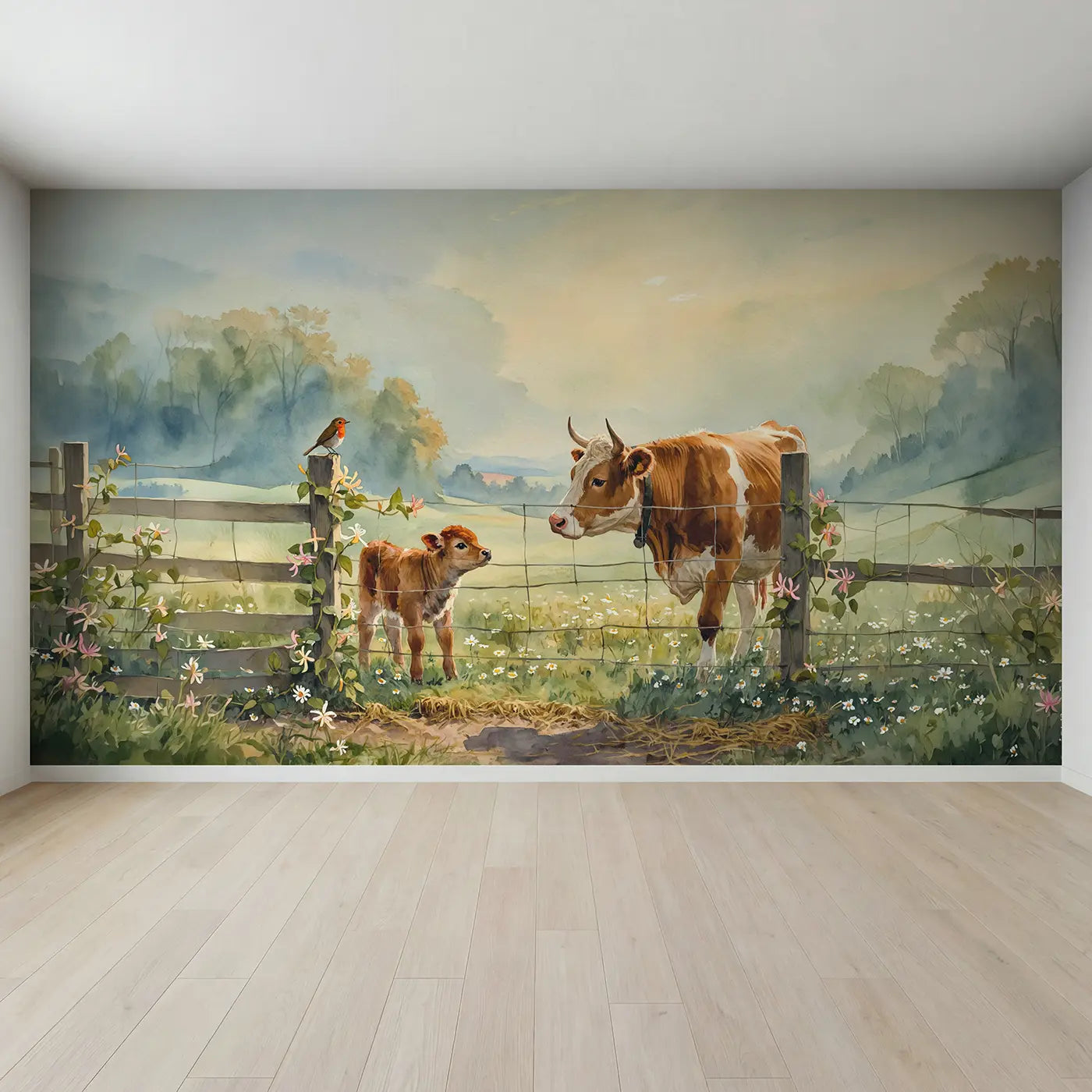 Full view of Cow Calf Robin Fence Wallpaper Mural by Whimsy Tots