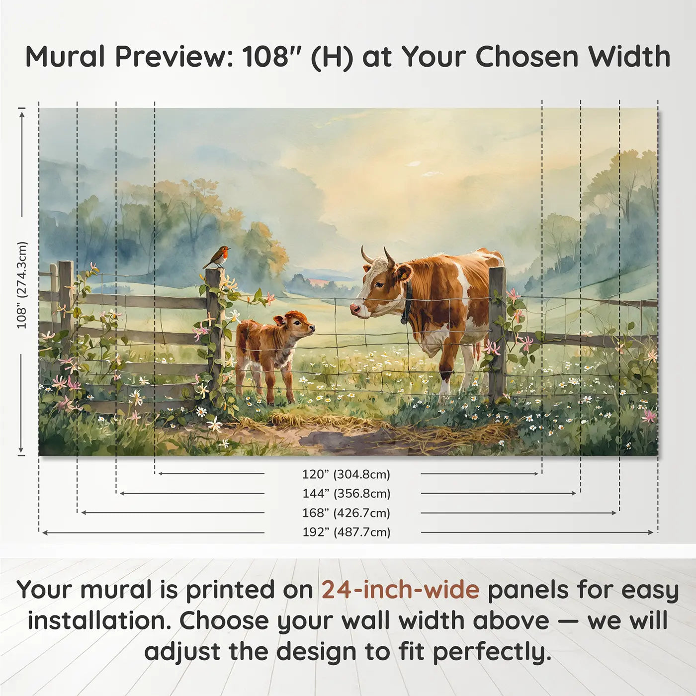 Panel layout and dimensions for Cow Calf Robin Fence Wallpaper Mural by Whimsy Tots