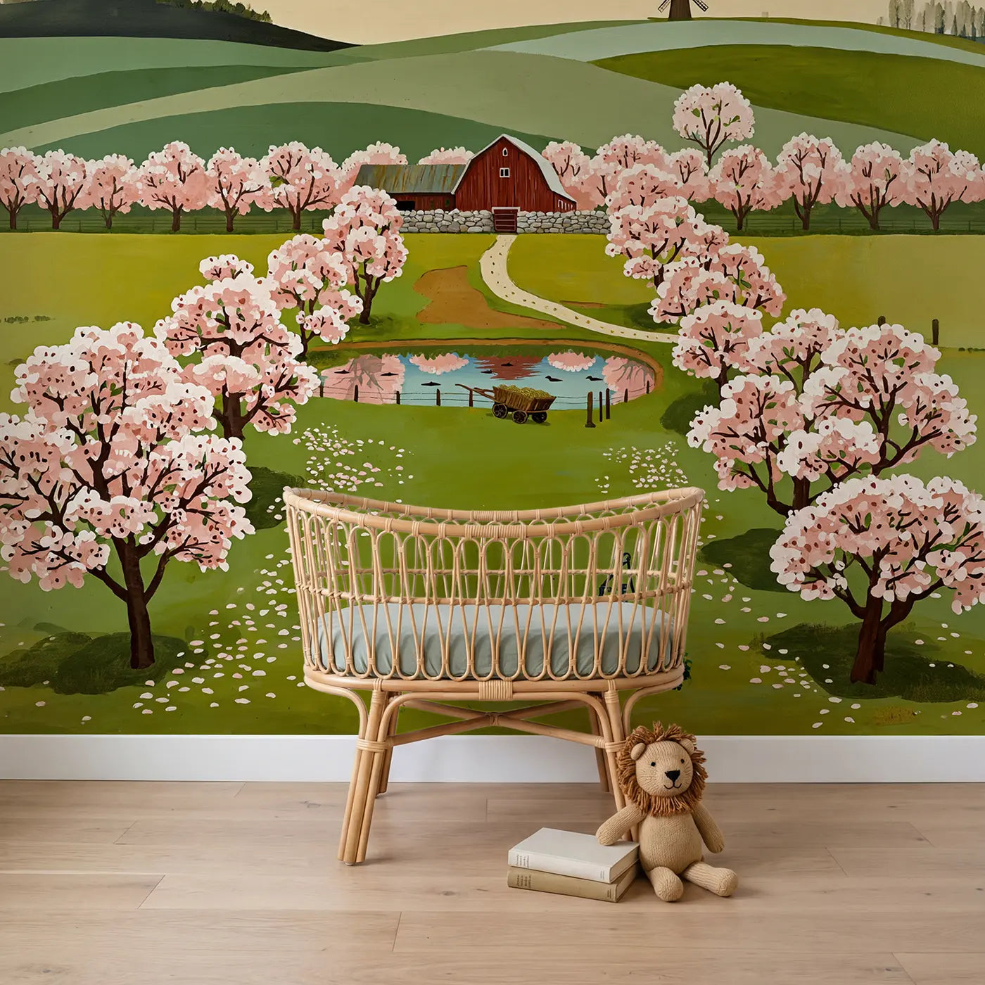 Modern illustration cherry blossom farm barn wallpaper mural for boys nursery by Whimsy Tots