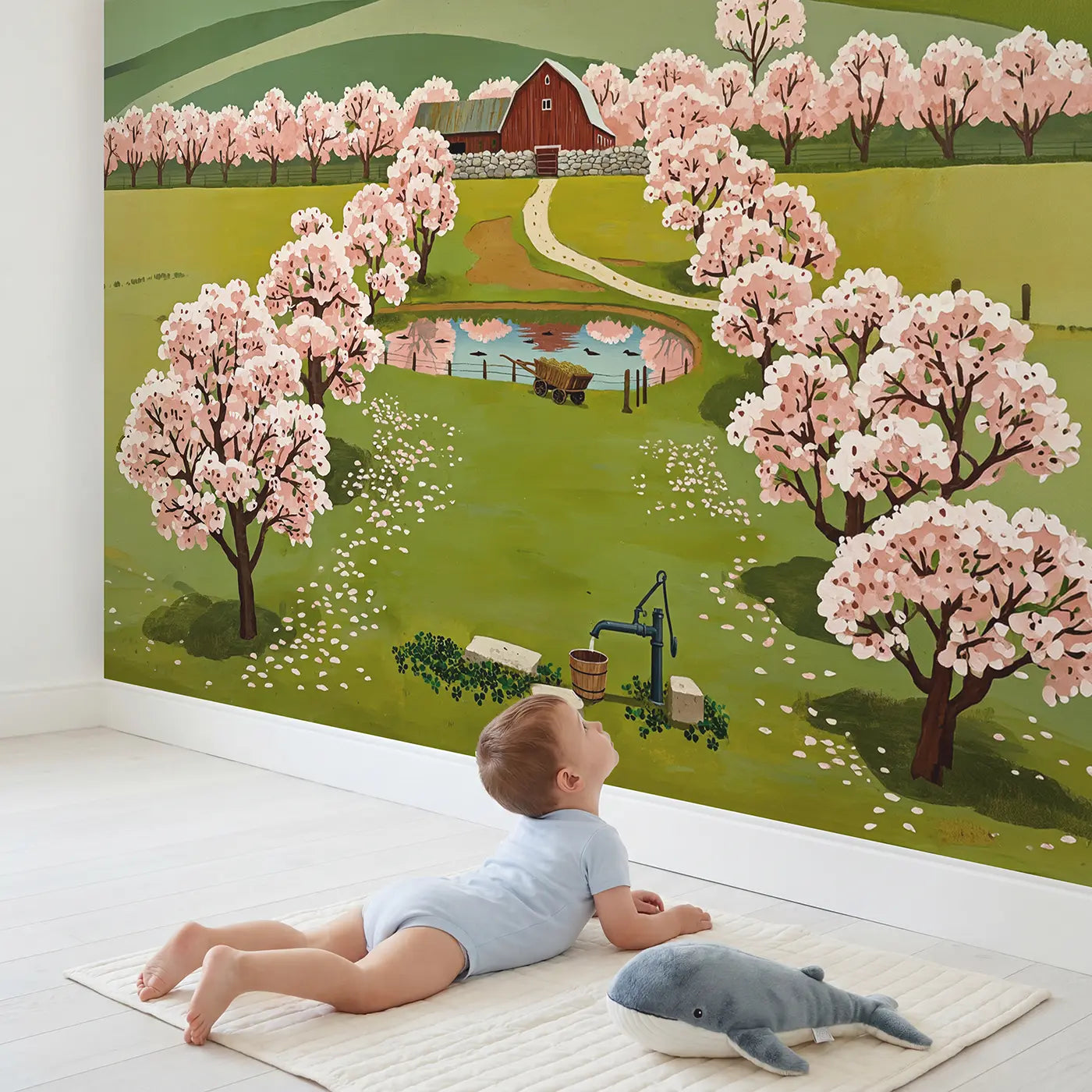 Child in nursery with Cherry Blossom Farm Wallpaper Mural by Whimsy Tots