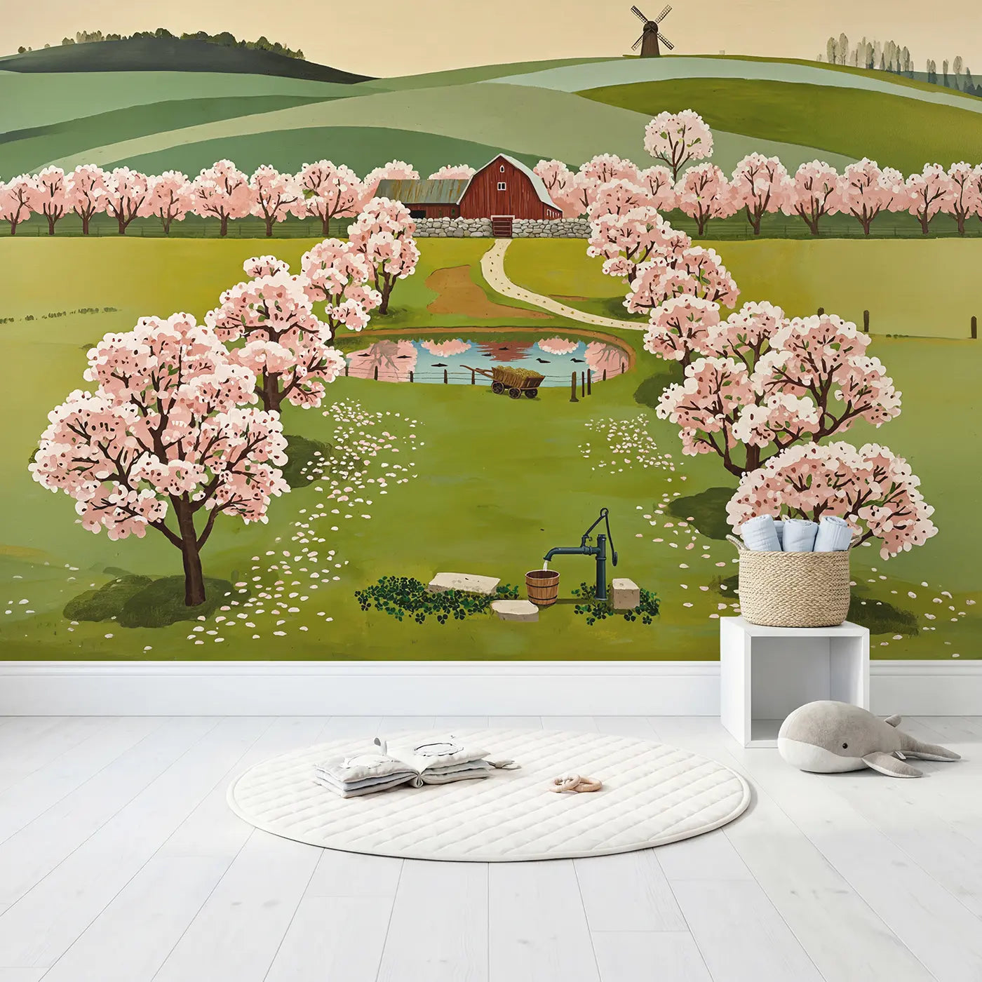 Cherry Blossom Farm Wallpaper Mural in playroom setting by Whimsy Tots