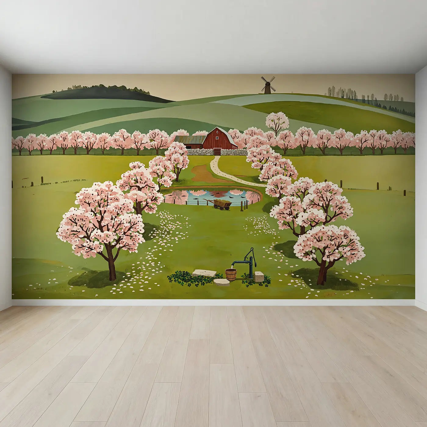 Full view of Cherry Blossom Farm Wallpaper Mural by Whimsy Tots