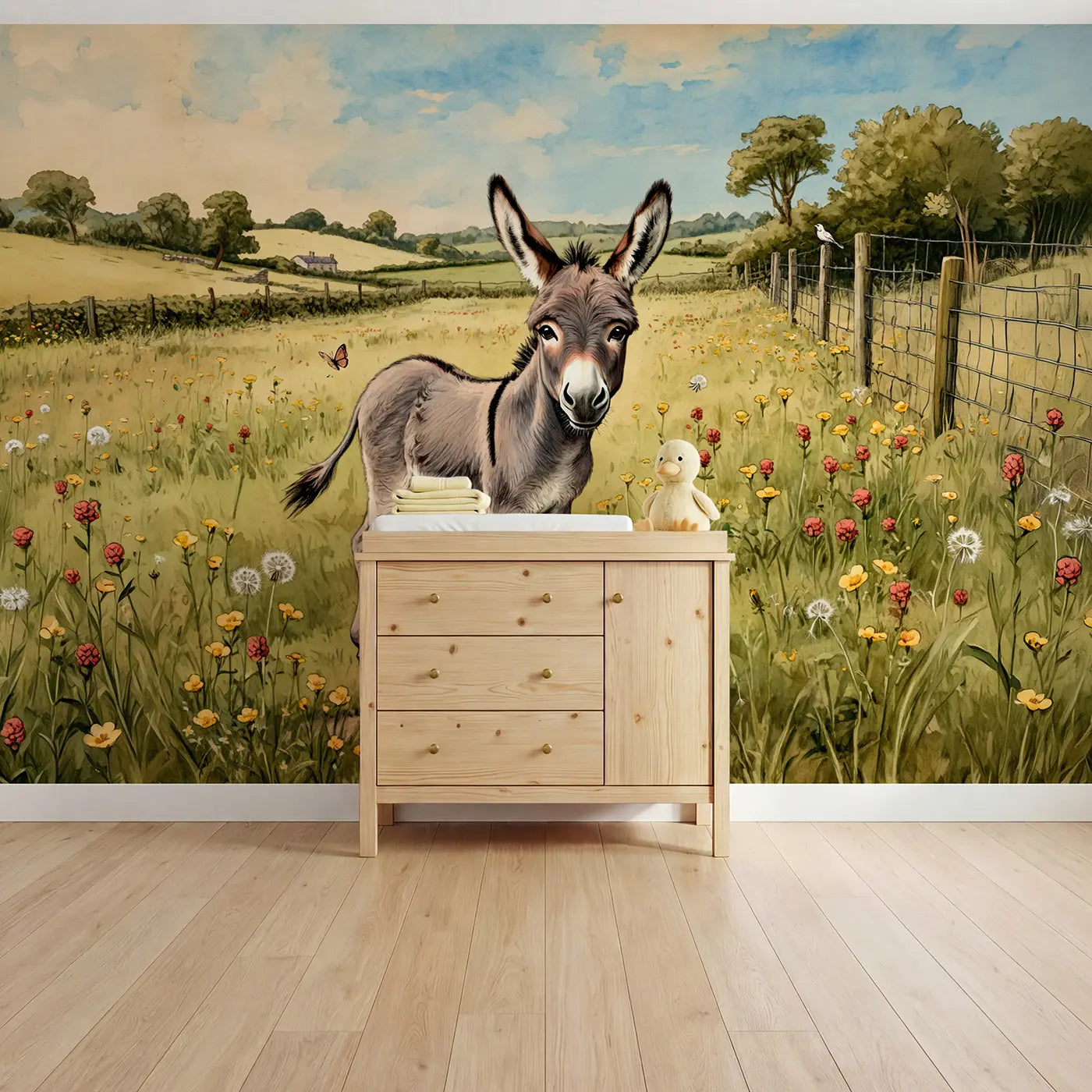Storybook fuzzy donkey wildflower meadow wallpaper mural for kids room by Whimsy Tots