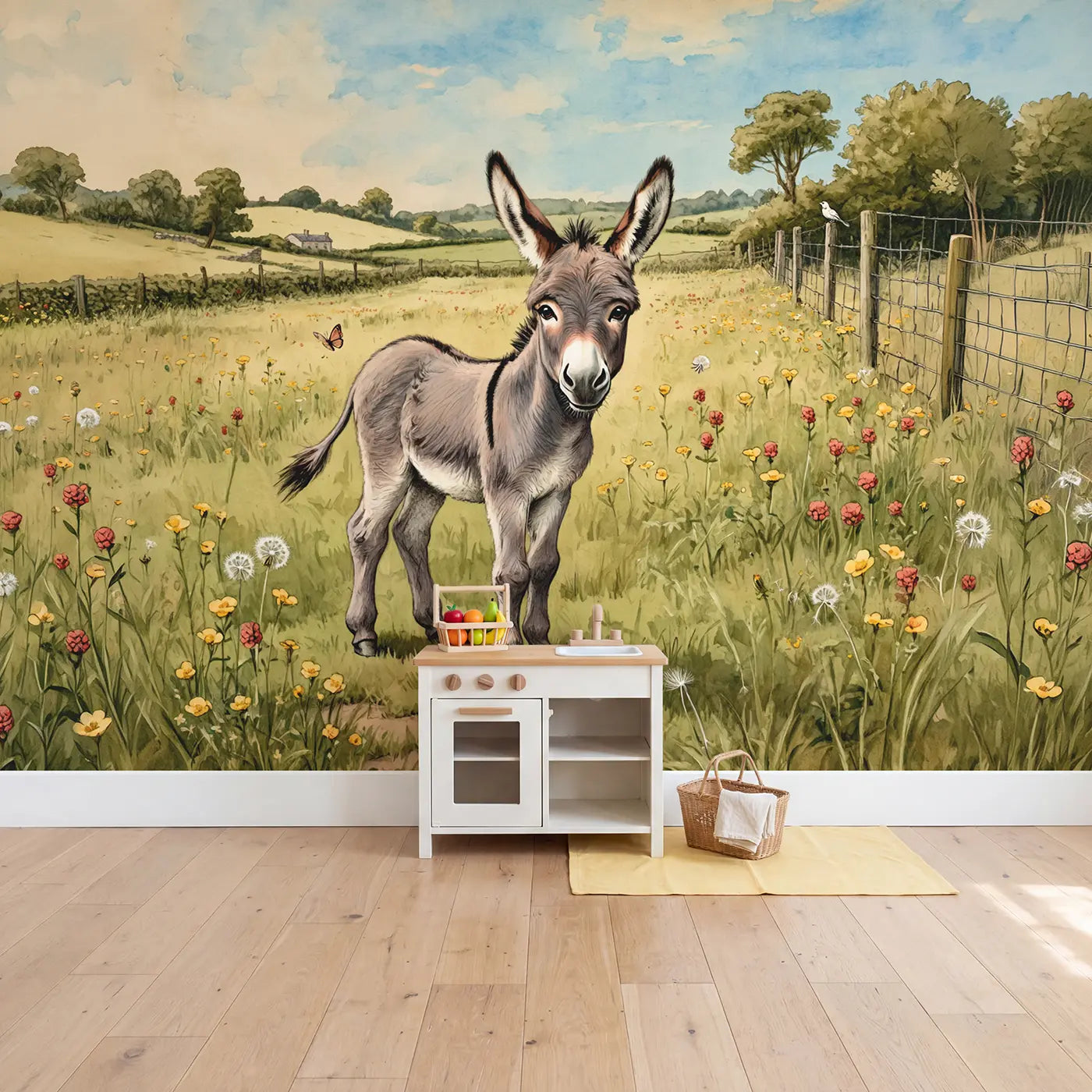 Fuzzy Donkey Meadow Wallpaper Mural in playroom setting by Whimsy Tots