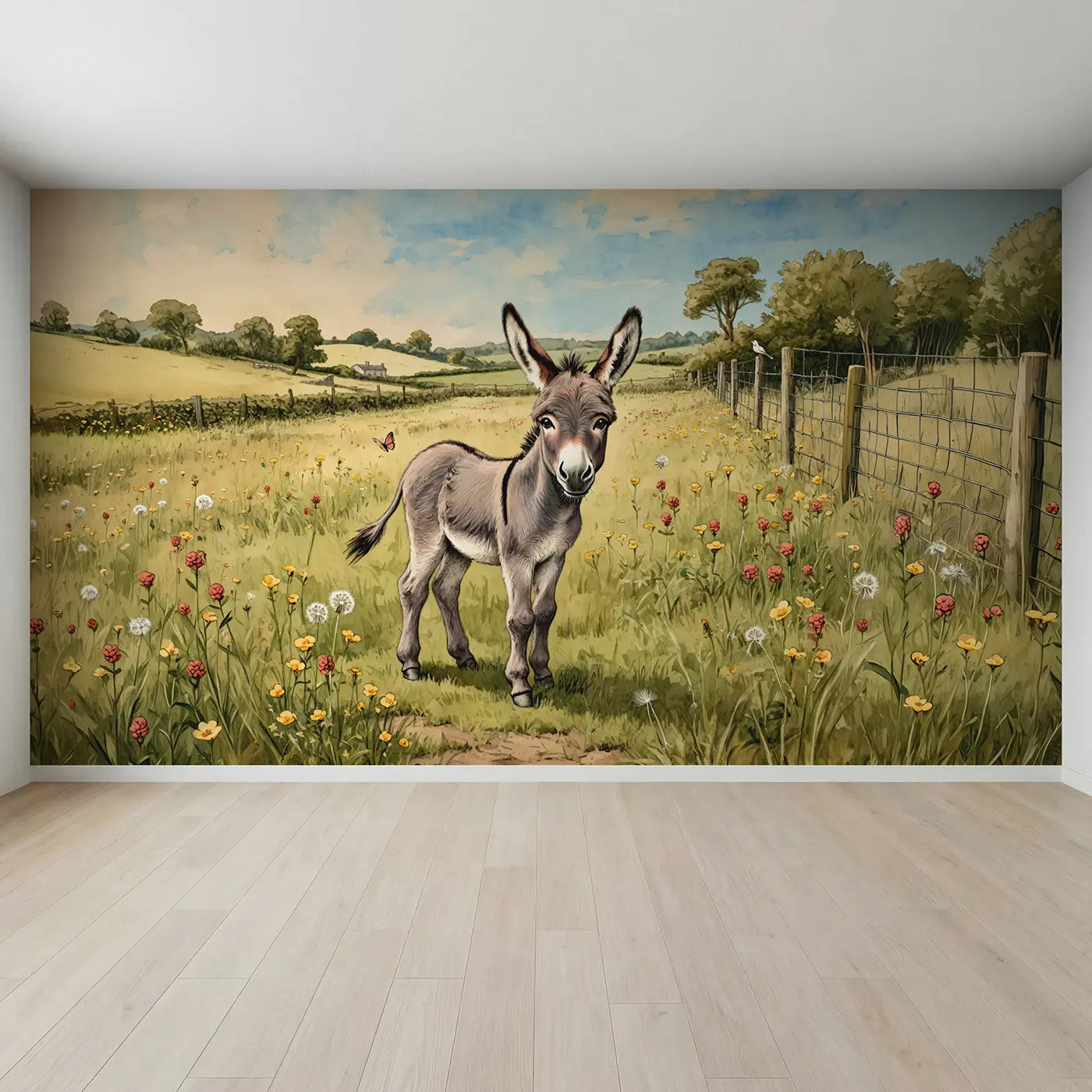 Full view of Fuzzy Donkey Meadow Wallpaper Mural by Whimsy Tots