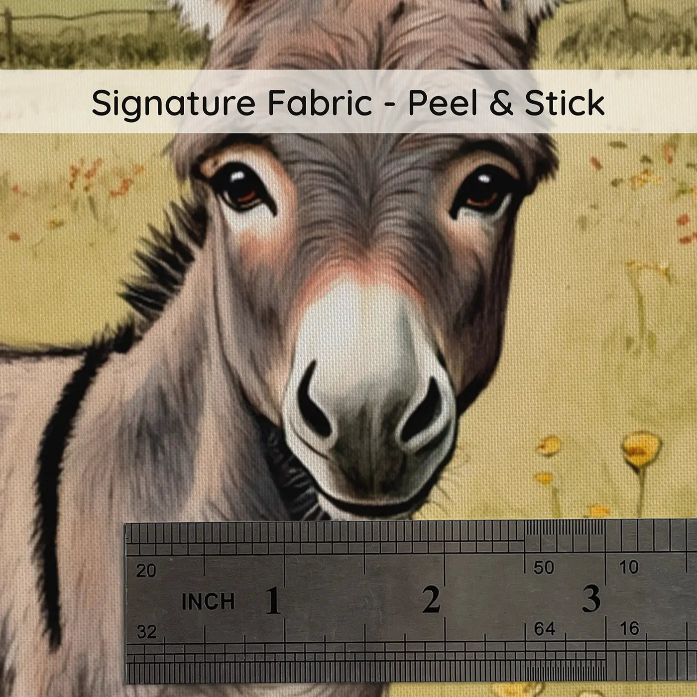 Fabric texture close-up of Fuzzy Donkey Meadow Wallpaper Mural by Whimsy Tots