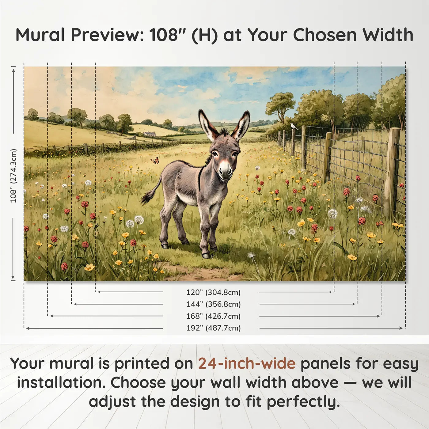 Panel layout and dimensions for Fuzzy Donkey Meadow Wallpaper Mural by Whimsy Tots