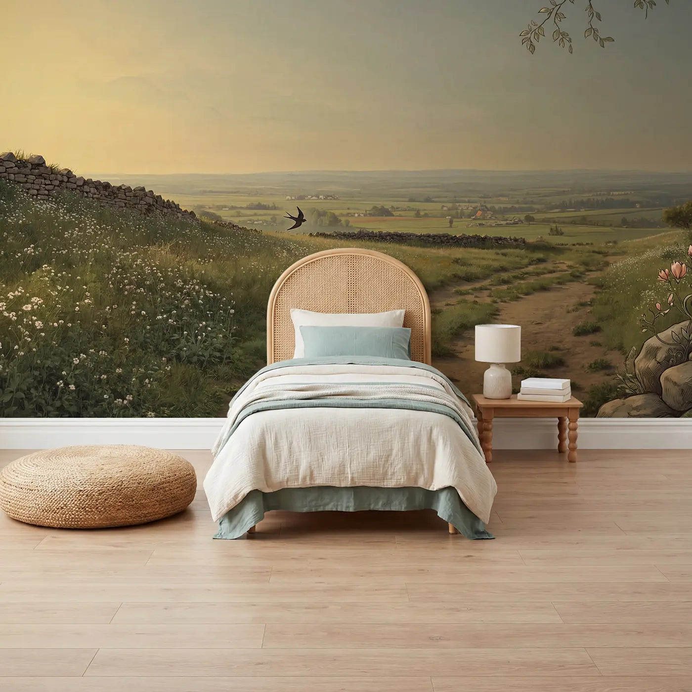 Botanical elegance summer meadow farm wallpaper mural for kids room by Whimsy Tots
