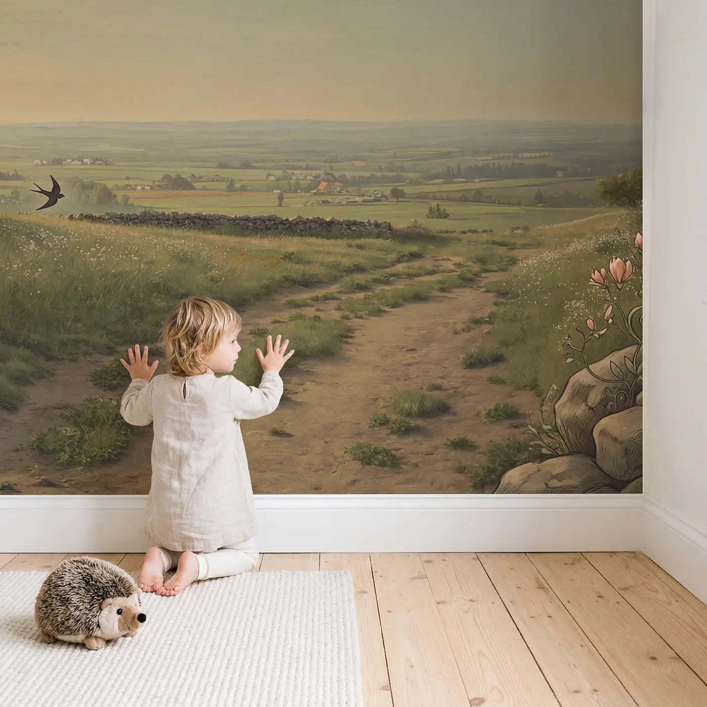 Child in nursery with Summer Meadow Farm Horizon Wallpaper Mural by Whimsy Tots