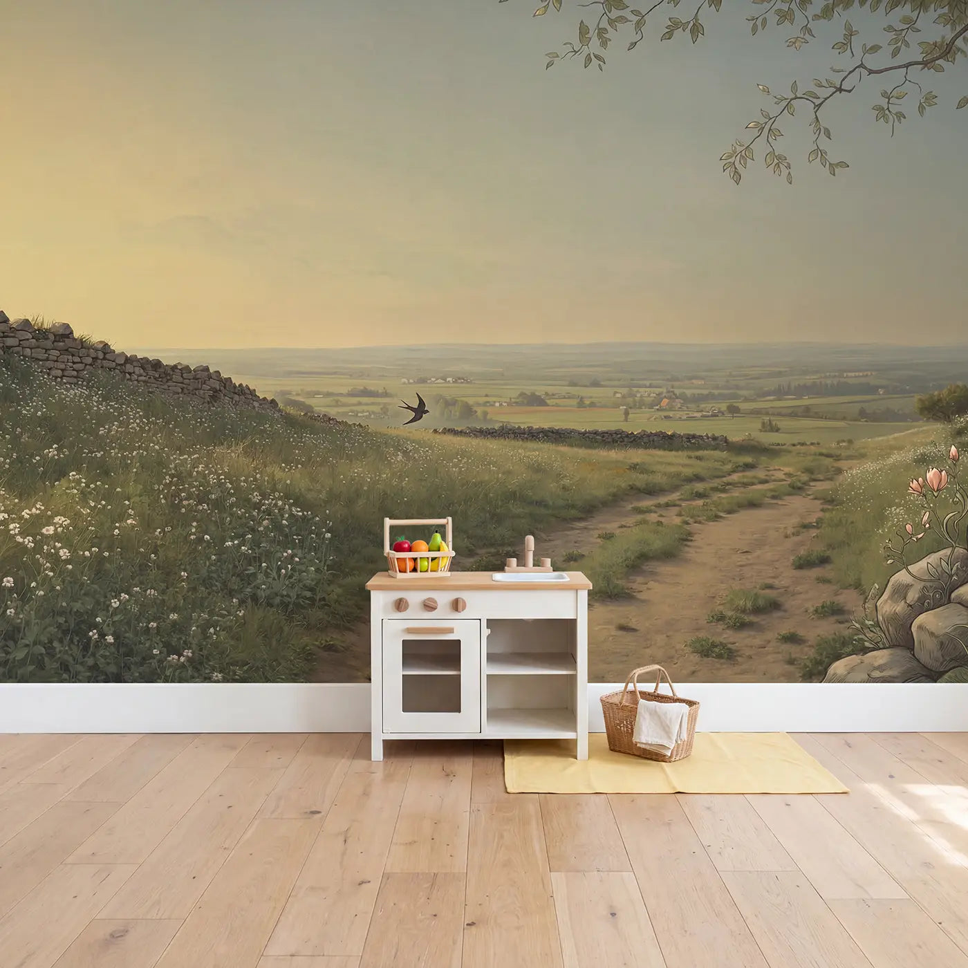 Summer Meadow Farm Horizon Wallpaper Mural in playroom setting by Whimsy Tots