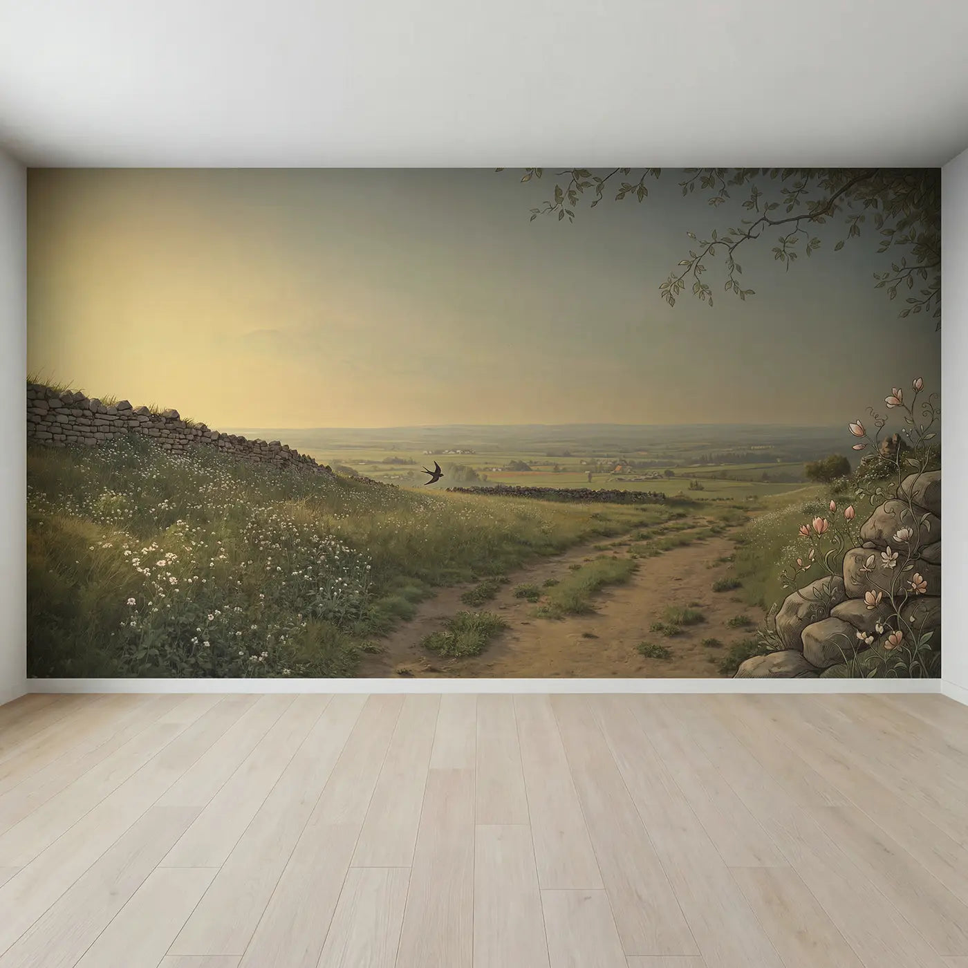 Full view of Summer Meadow Farm Horizon Wallpaper Mural by Whimsy Tots