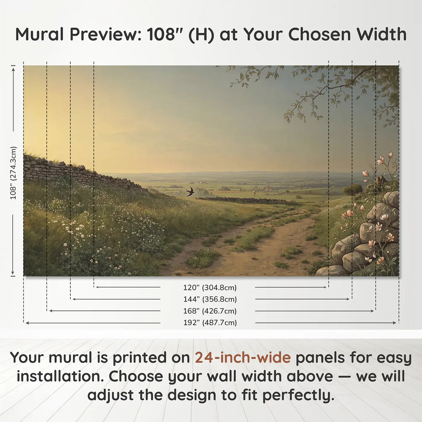 Panel layout and dimensions for Summer Meadow Farm Horizon Wallpaper Mural by Whimsy Tots