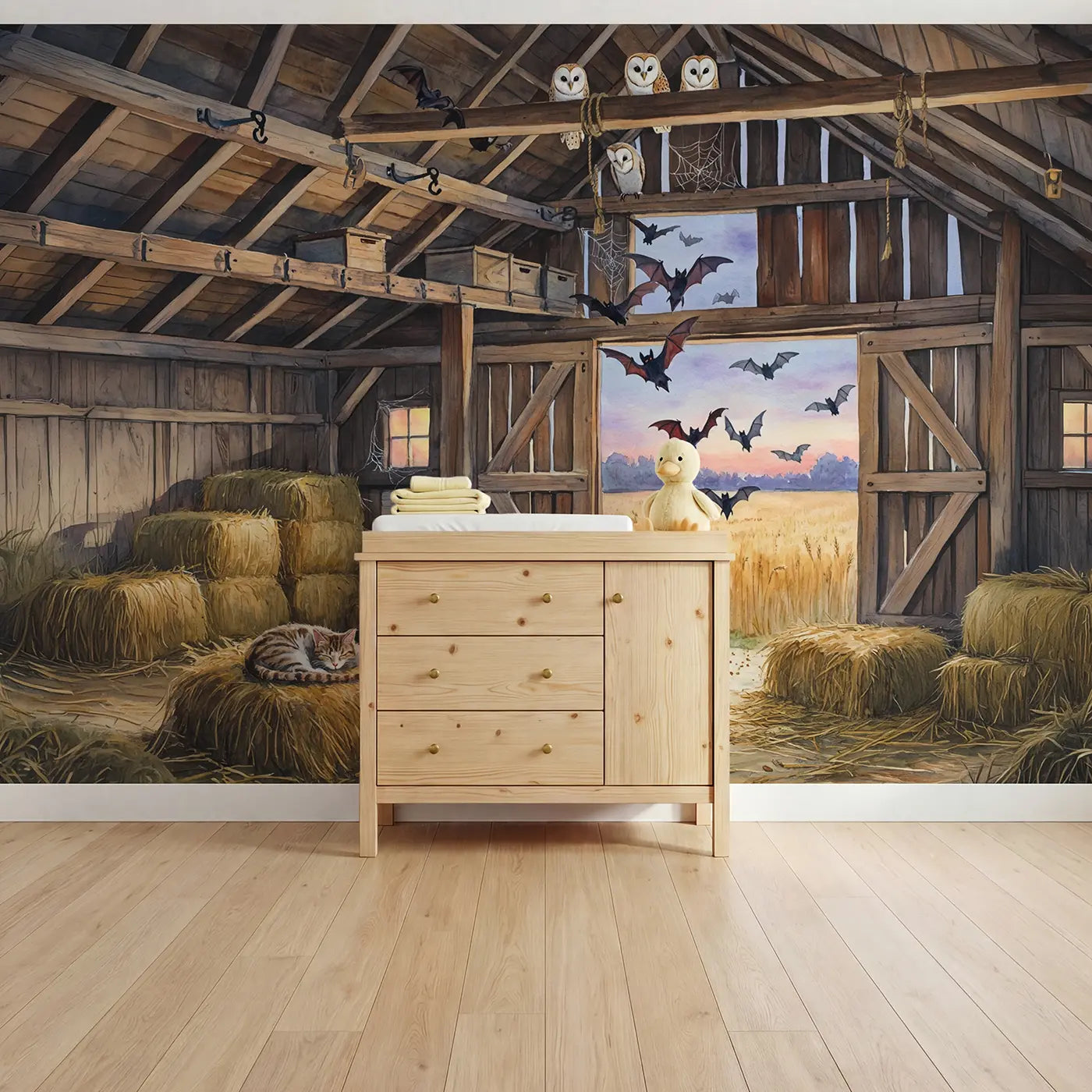 Watercolor barn owl and bat at twilight farm sunset wallpaper mural for nursery by Whimsy Tots