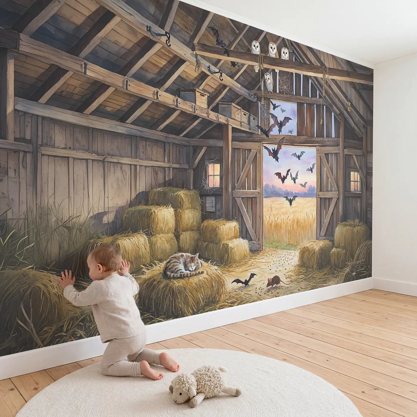 Child in nursery with Barn Owl and Bat Twilight Wallpaper Mural by Whimsy Tots