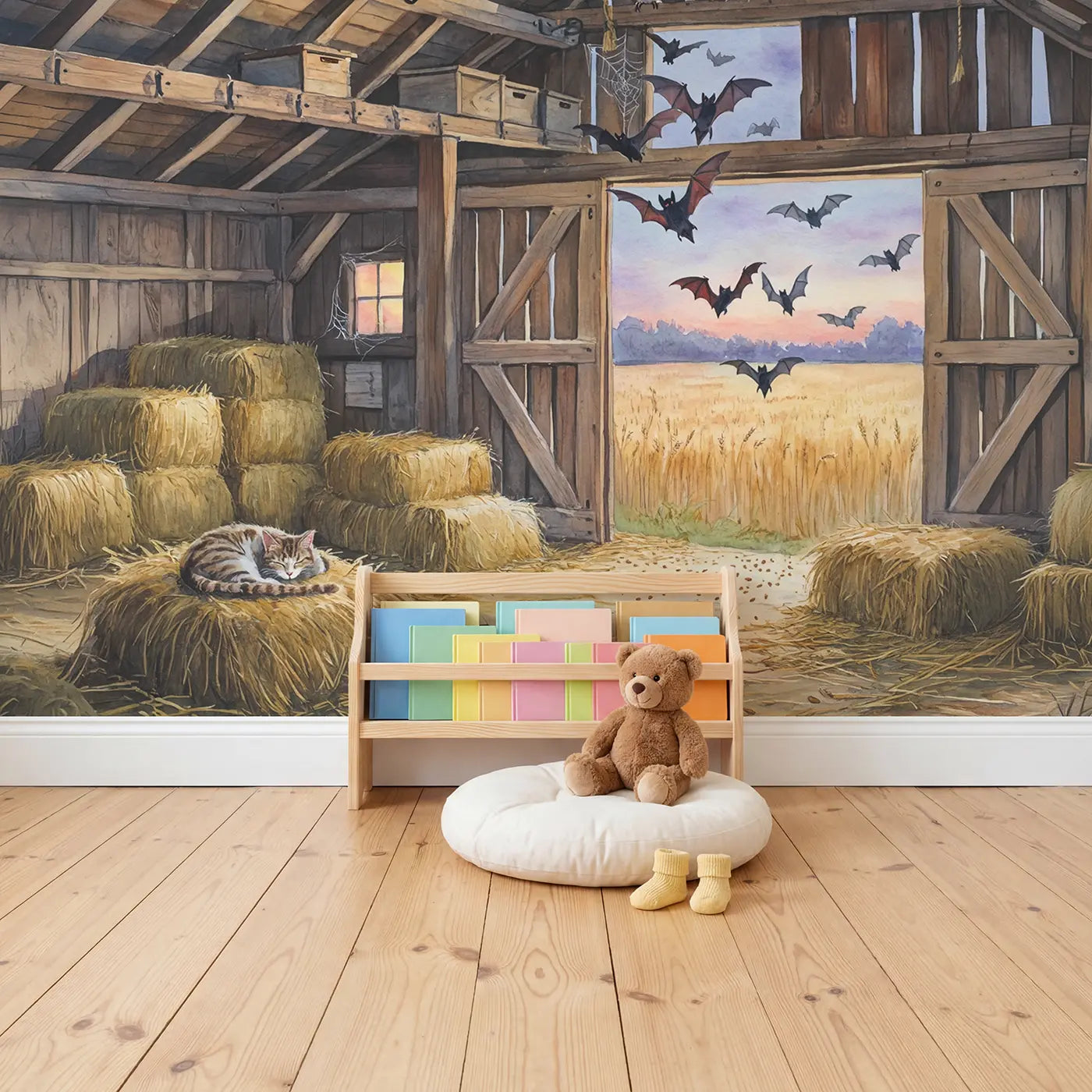 Barn Owl and Bat Twilight Wallpaper Mural in playroom setting by Whimsy Tots