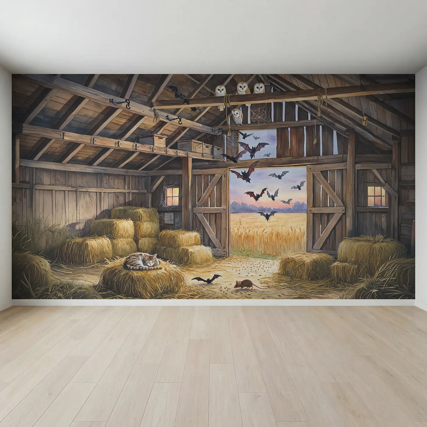 Full view of Barn Owl and Bat Twilight Wallpaper Mural by Whimsy Tots