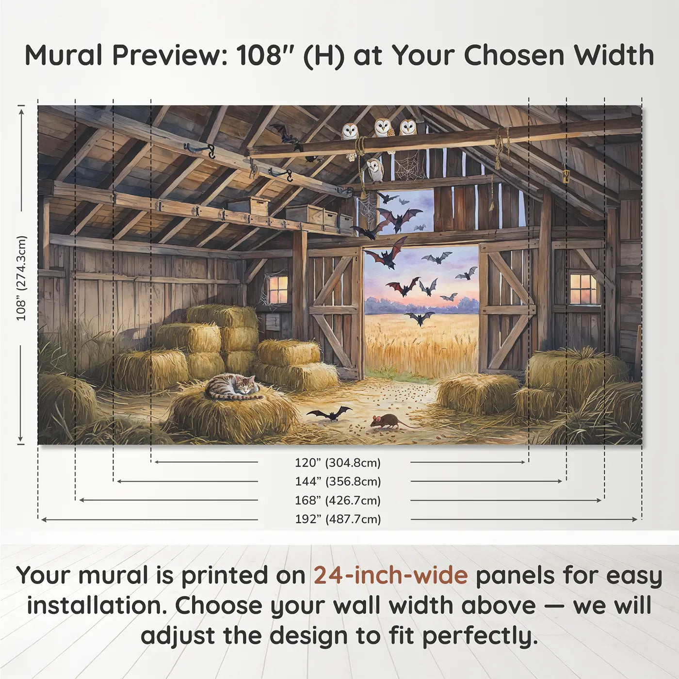 Panel layout and dimensions for Barn Owl and Bat Twilight Wallpaper Mural by Whimsy Tots